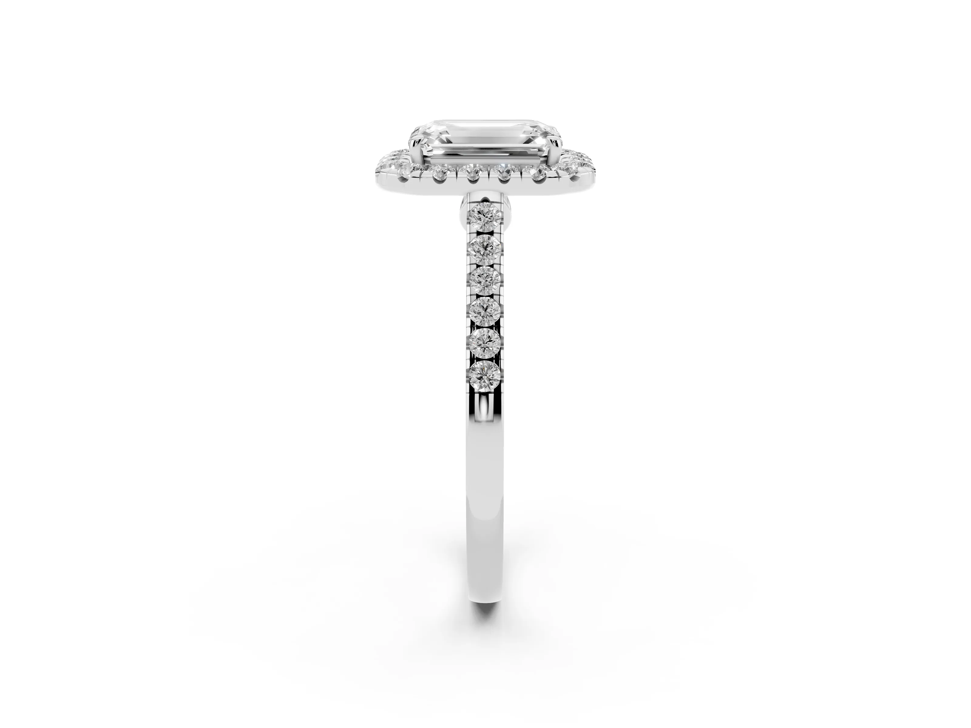 Emerald Cut Diamond Halo Pavé Engagement Ring Set in Silver with Prong Setting