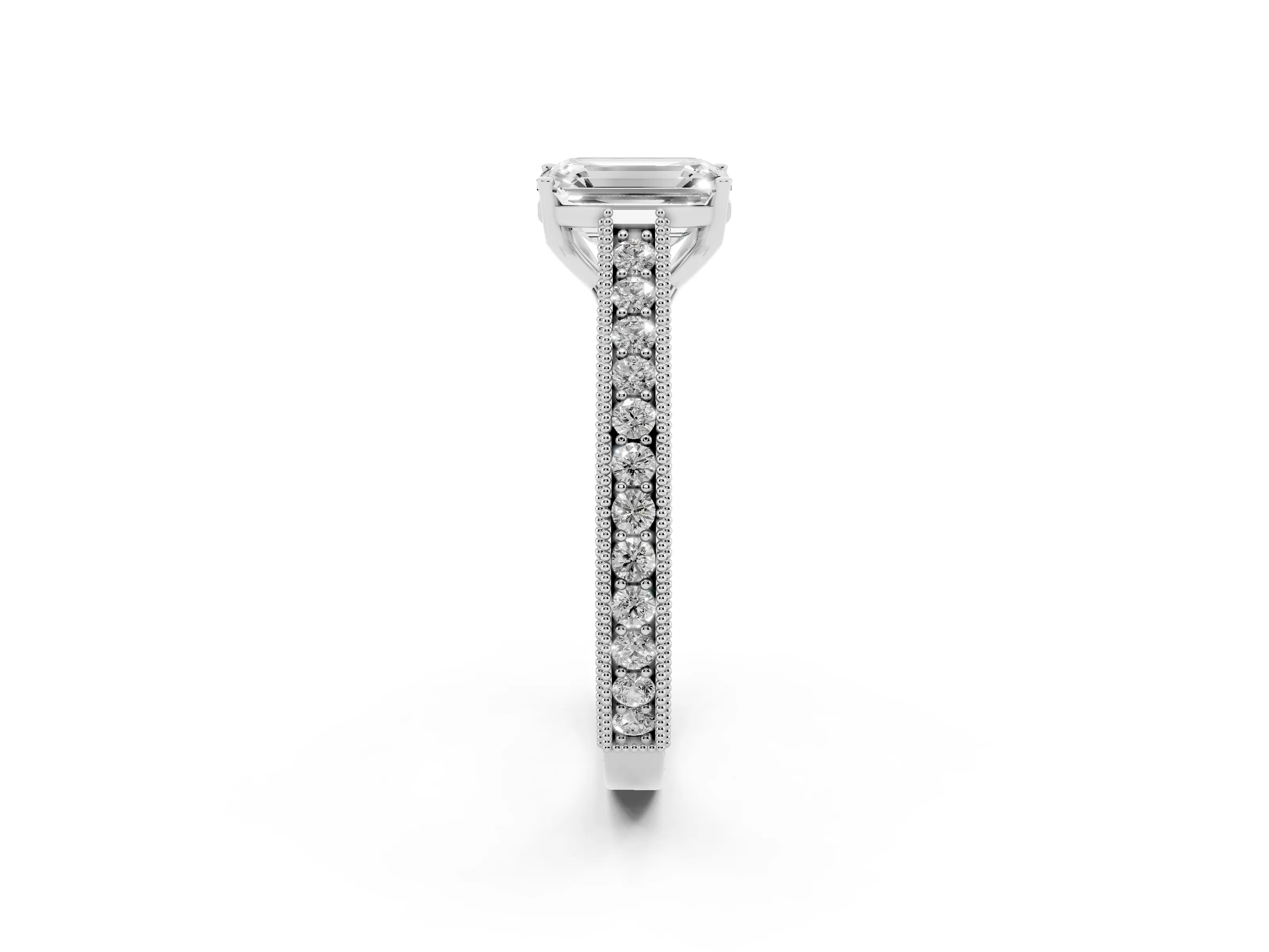 Emerald Cut Diamond Milgrain Pavé Band Solitaire Ring Set in White gold with Prong Setting
