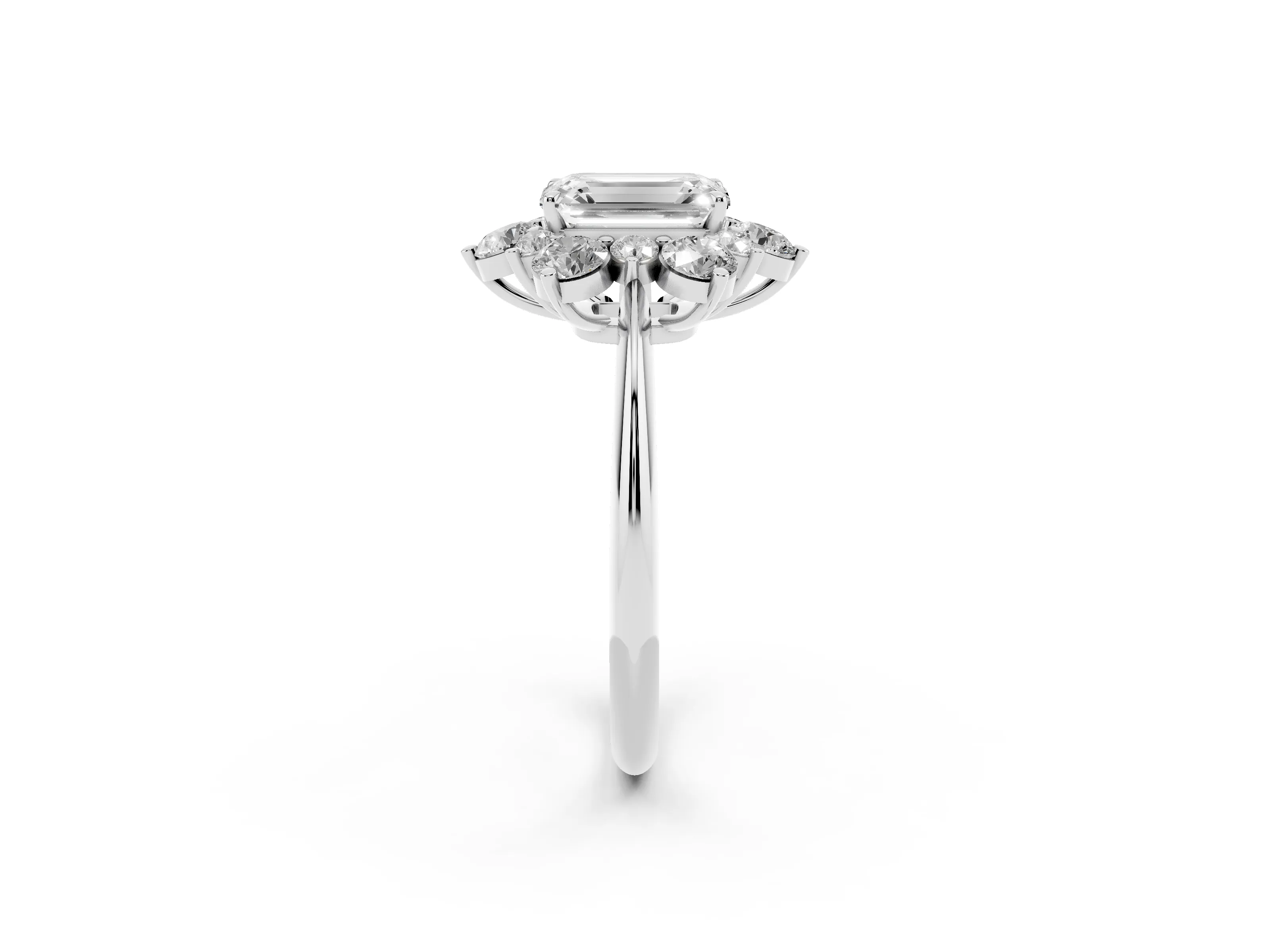 Emerald Cut Diamond Cluster Halo Ring Set in White gold with Solitaire Band and Prong Setting