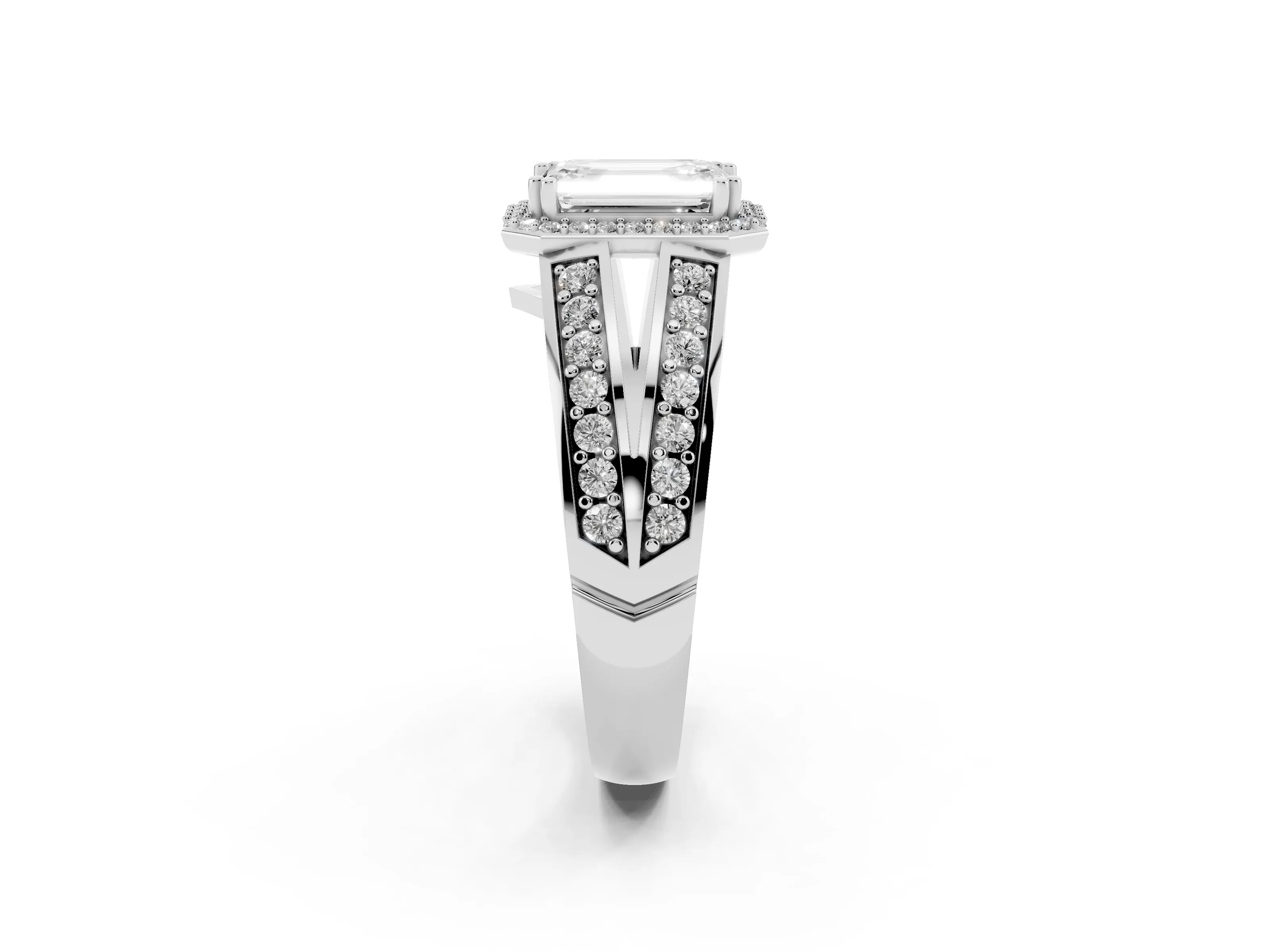 Emerald Cut Diamond Halo Ring Set in White gold with Double Pavé Split Shank