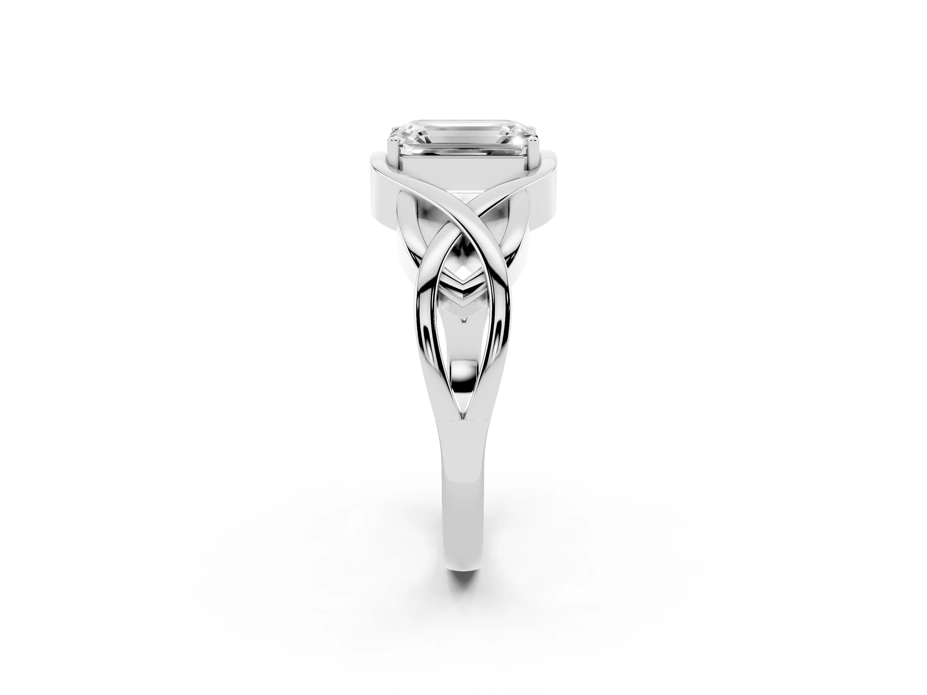 Emerald Cut Diamond Solitaire Ring Set in Silver with Intertwined Band