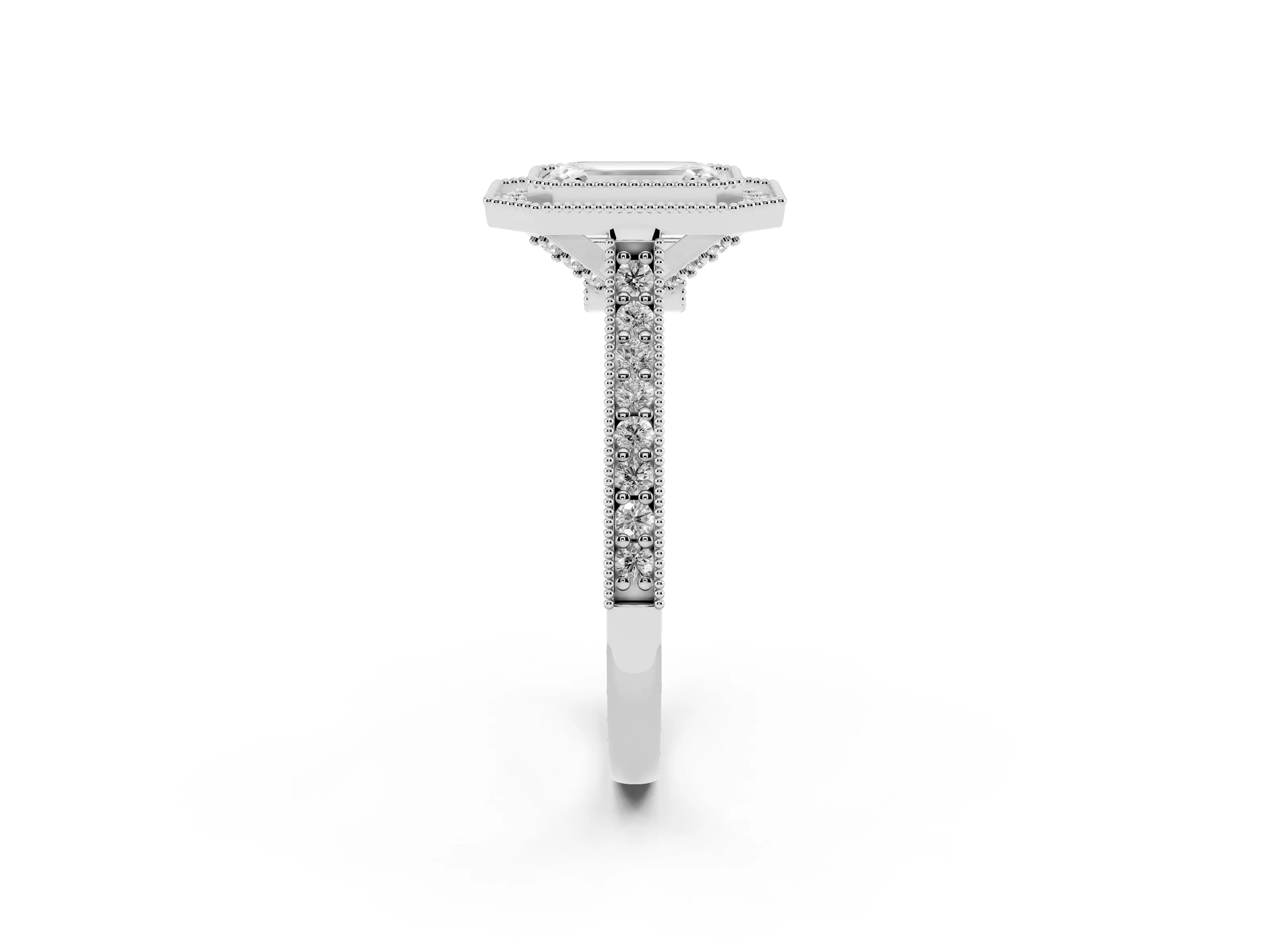 Emerald Cut Diamond Halo Milgrain Pavé Band Ring Set in White gold with Prong Setting