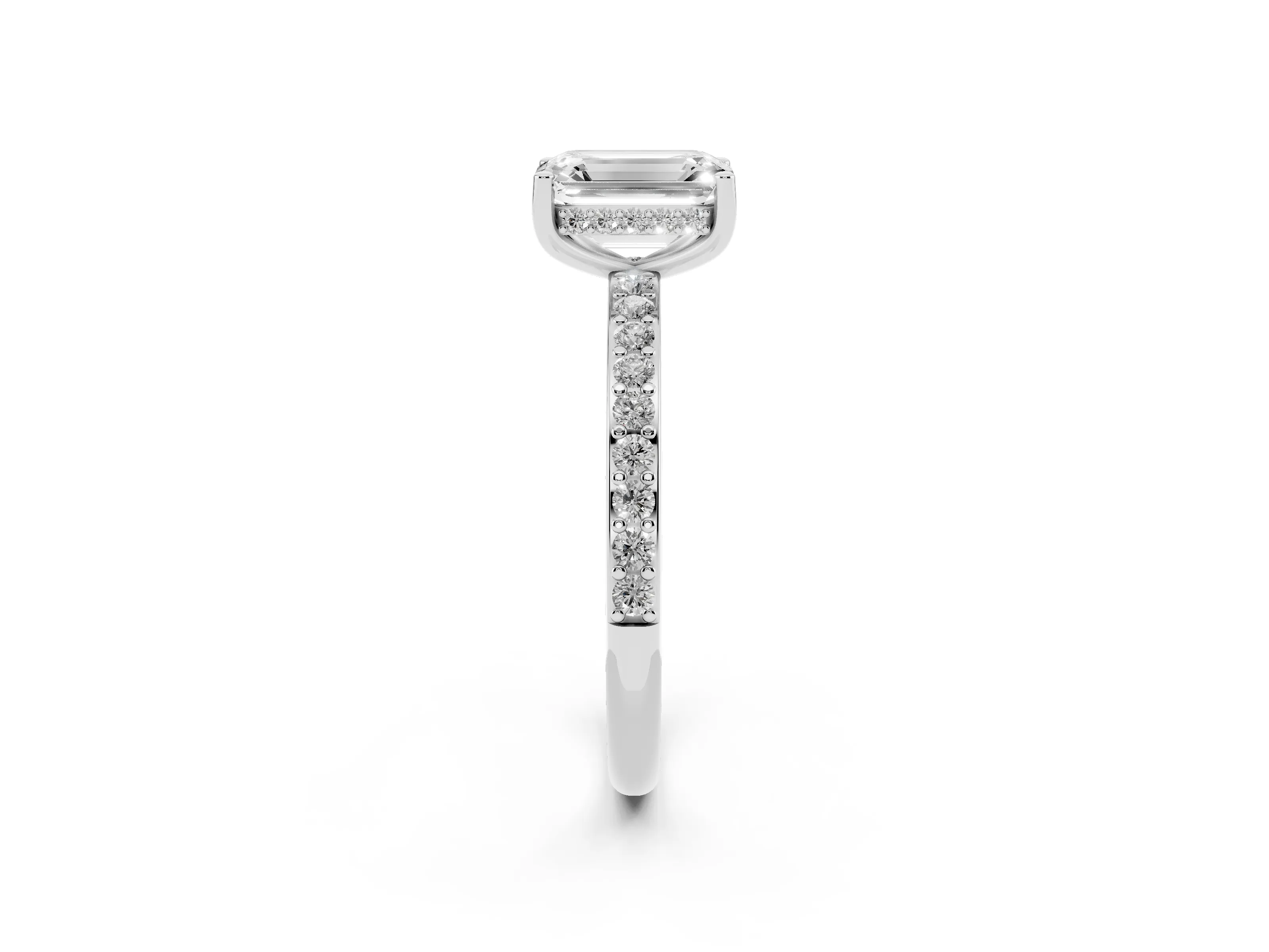 Emerald Cut Diamond Pavé Band Ring Set in White gold with Prong-Set Center Stone