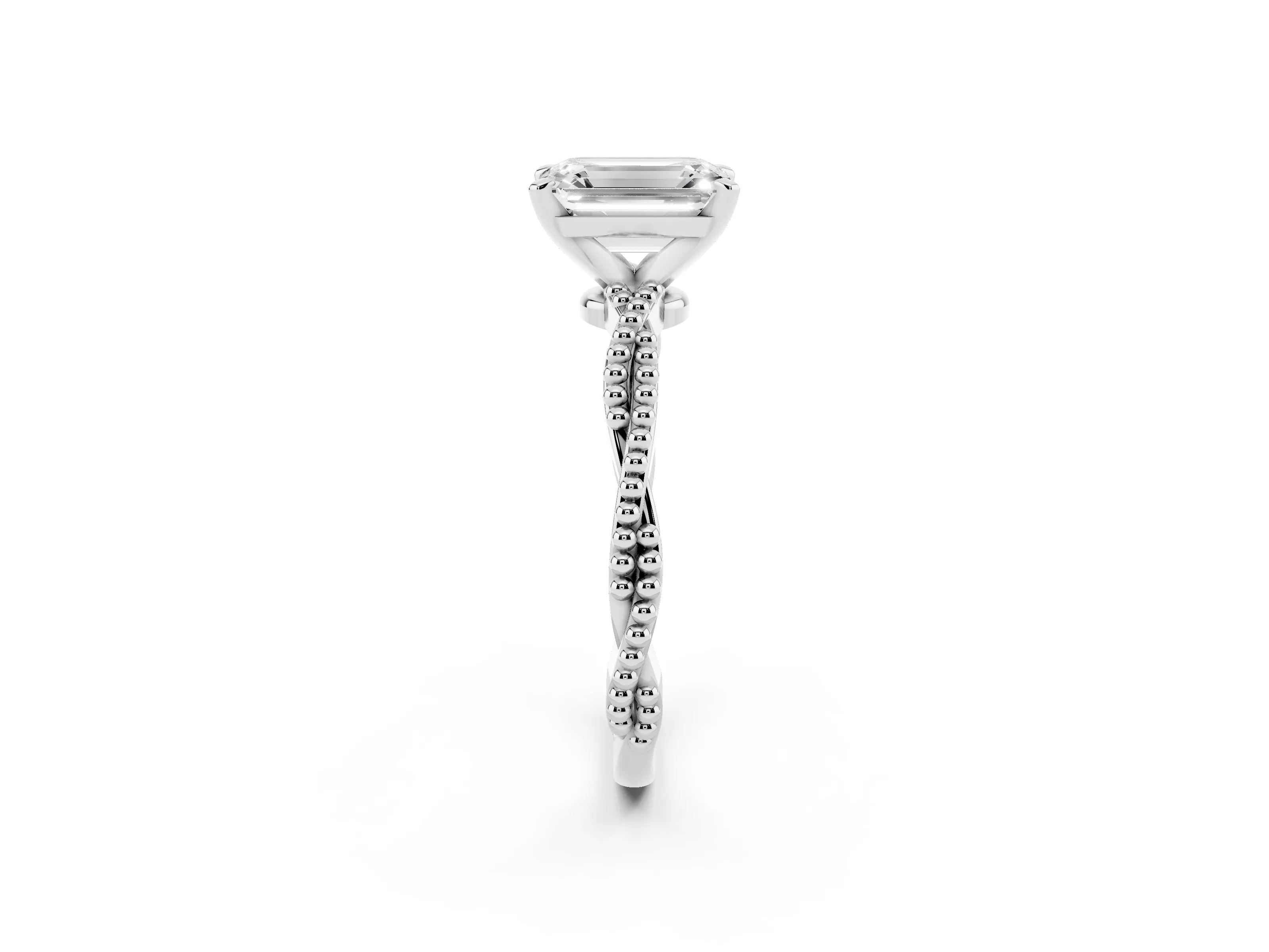Emerald Cut Diamond Solitaire Ring Set in Platinum with Twisted Band and Bead Prong Setting