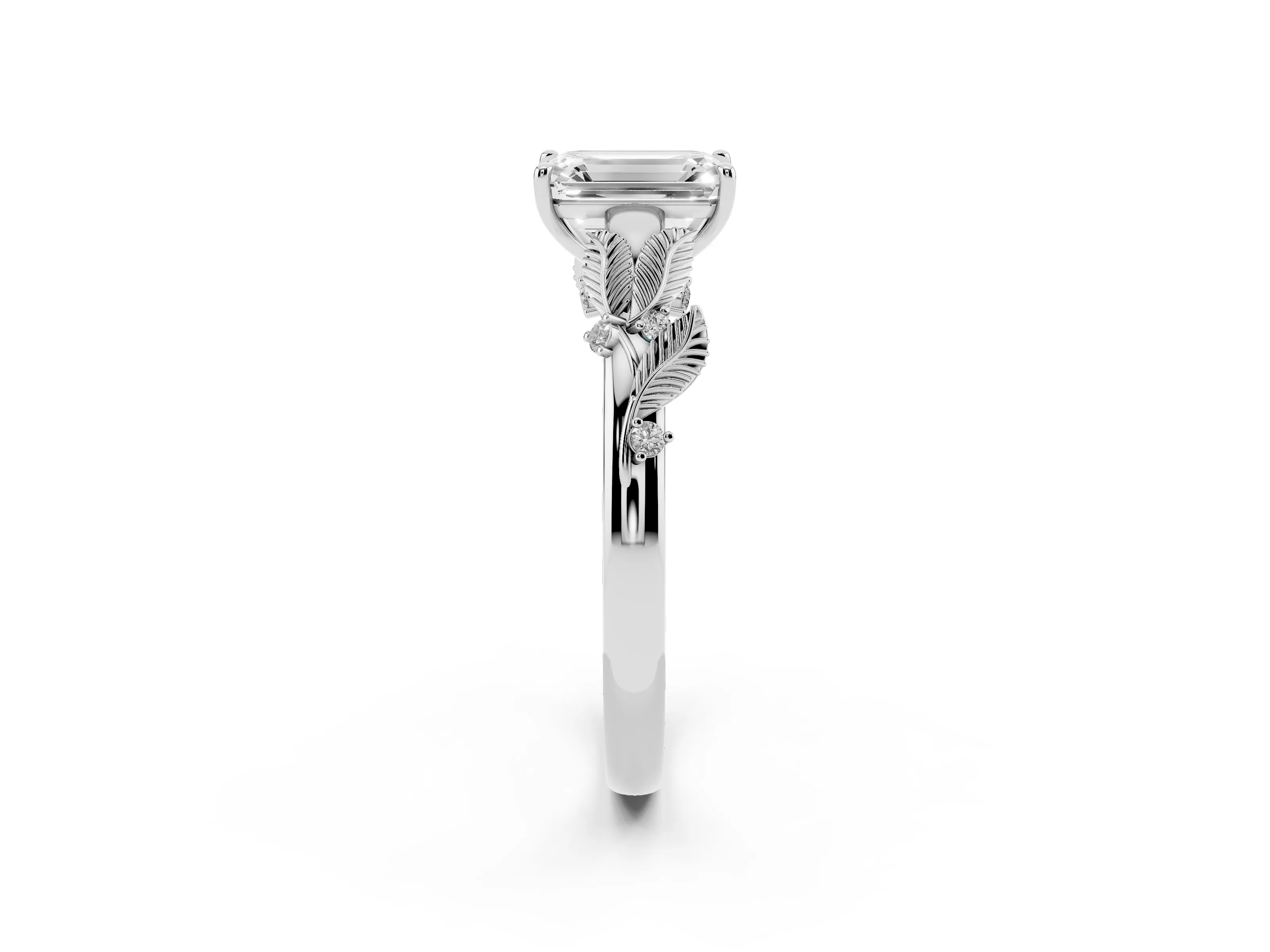 Emerald Cut Diamond Solitaire Ring Set in Platinum with Leaf Motif Band