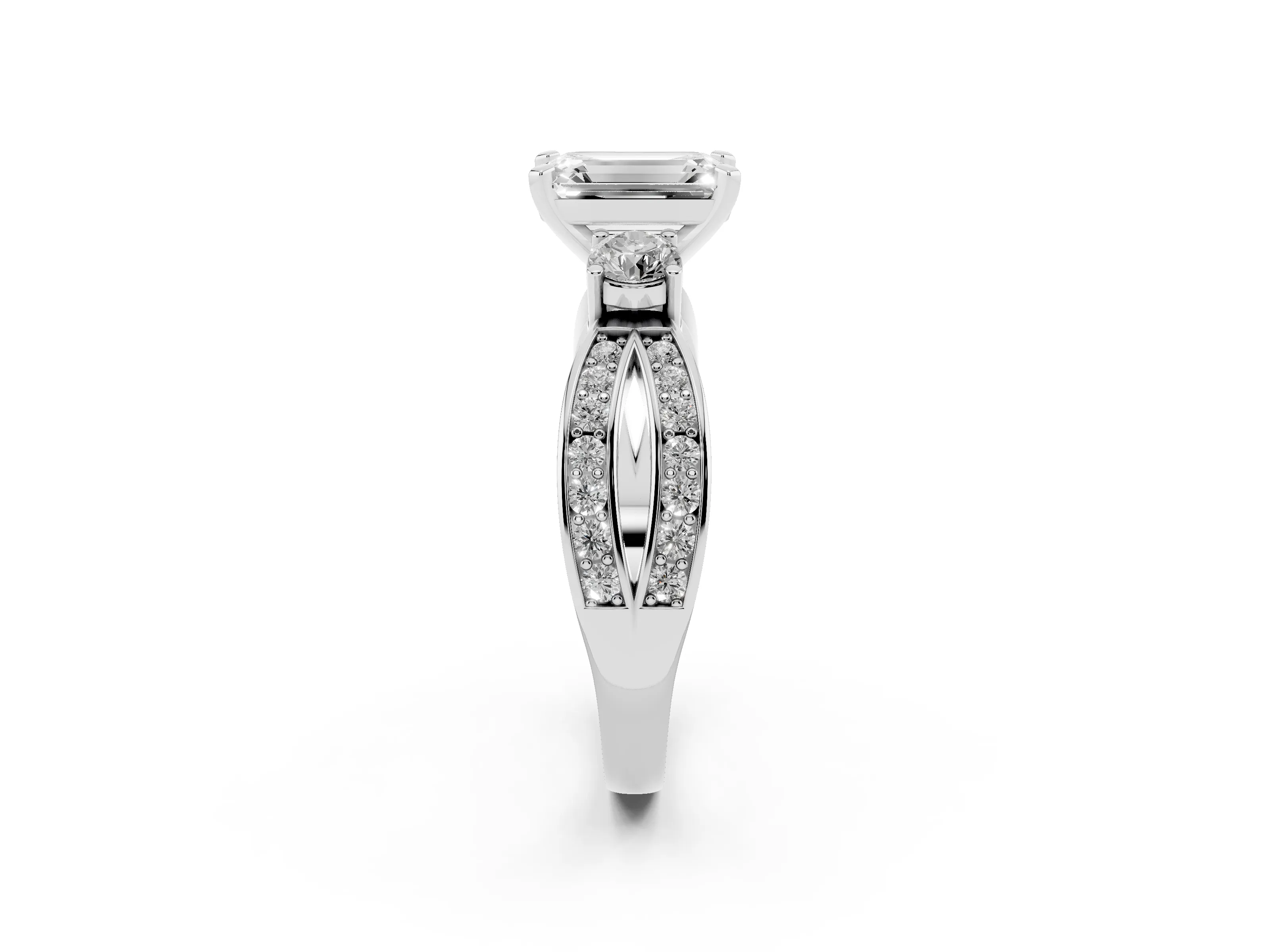 Three-Stone Emerald Cut Diamond Twist Band Ring Set in Platinum with Pavé Accents and Prong Setting