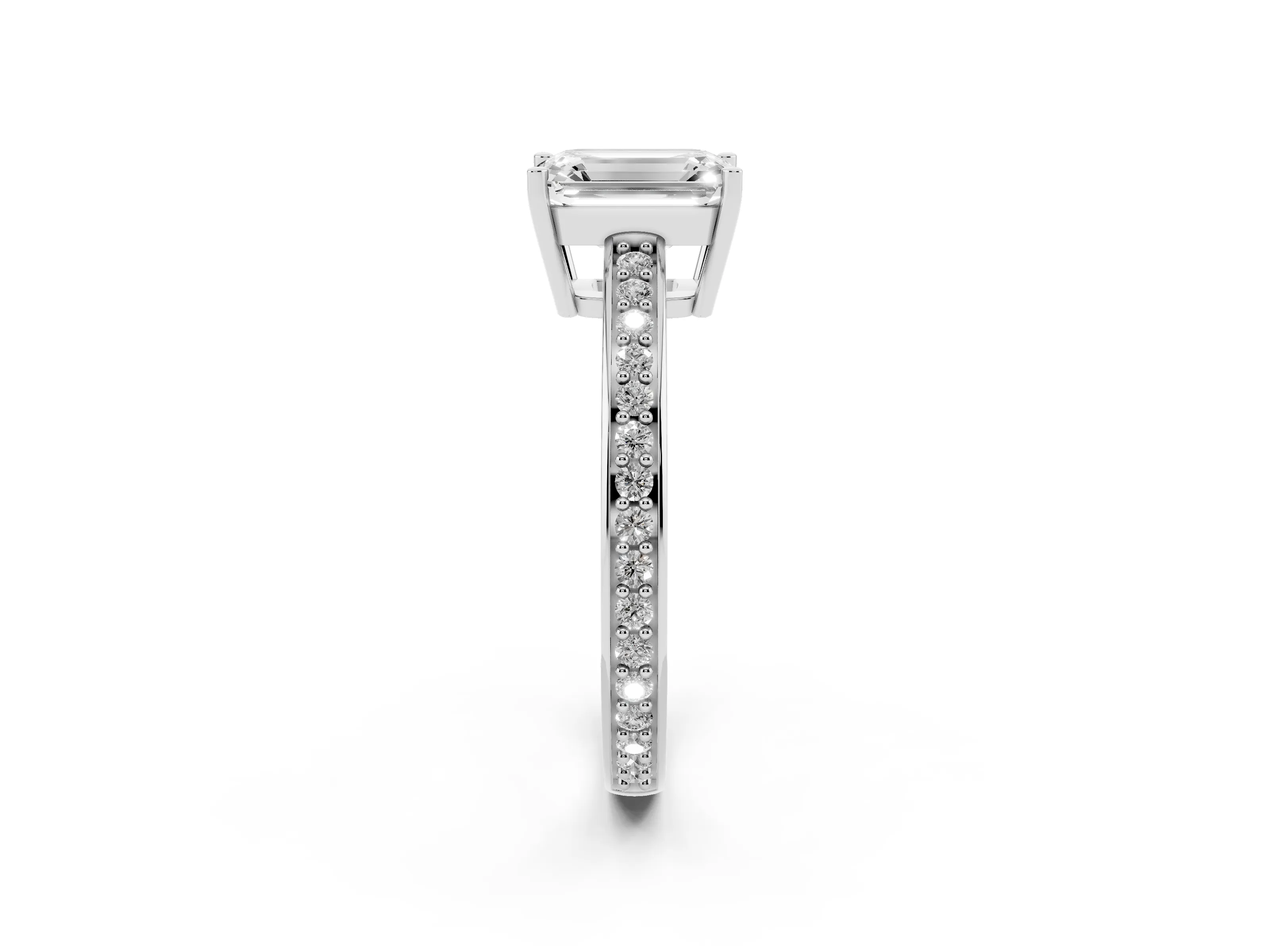 Emerald Cut Diamond Pavé Band Prong Set Solitaire Ring Set in White gold