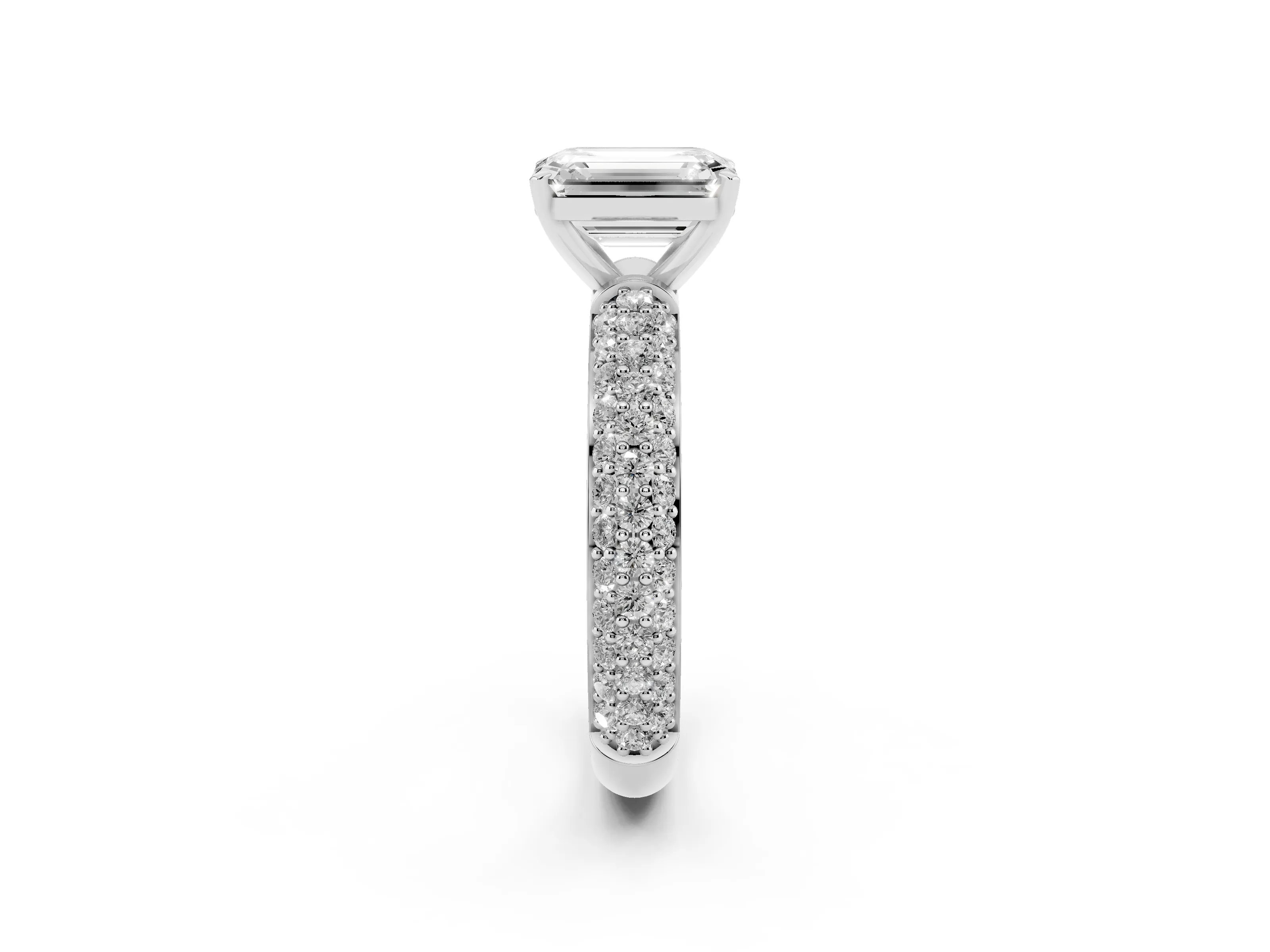 Emerald Cut Diamond Solitaire Ring Set in Platinum with Prong Setting and Pavé-Set Band