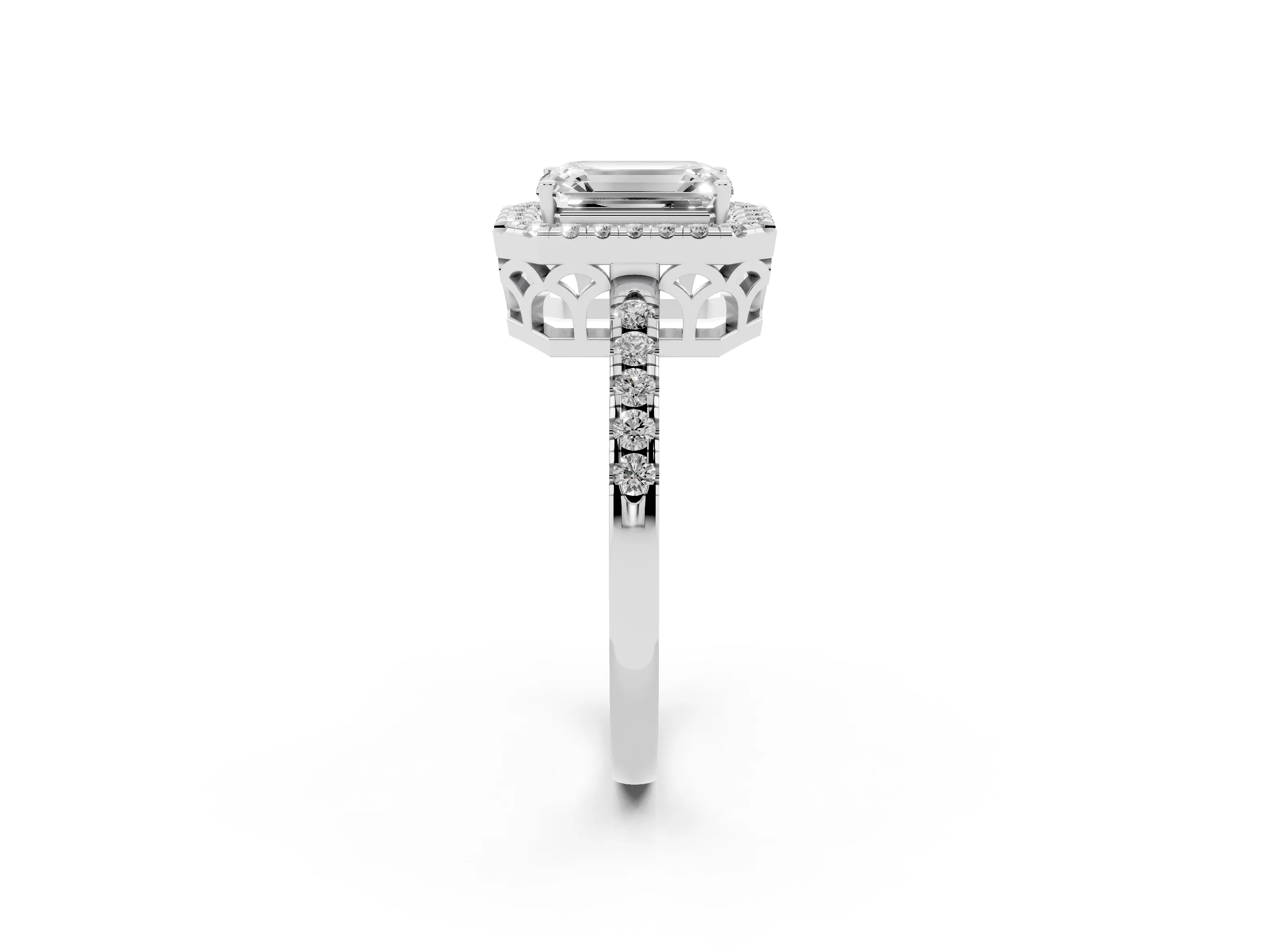 Emerald Cut Diamond Pavé Band Halo Engagement Ring Set in Silver with Prong Setting