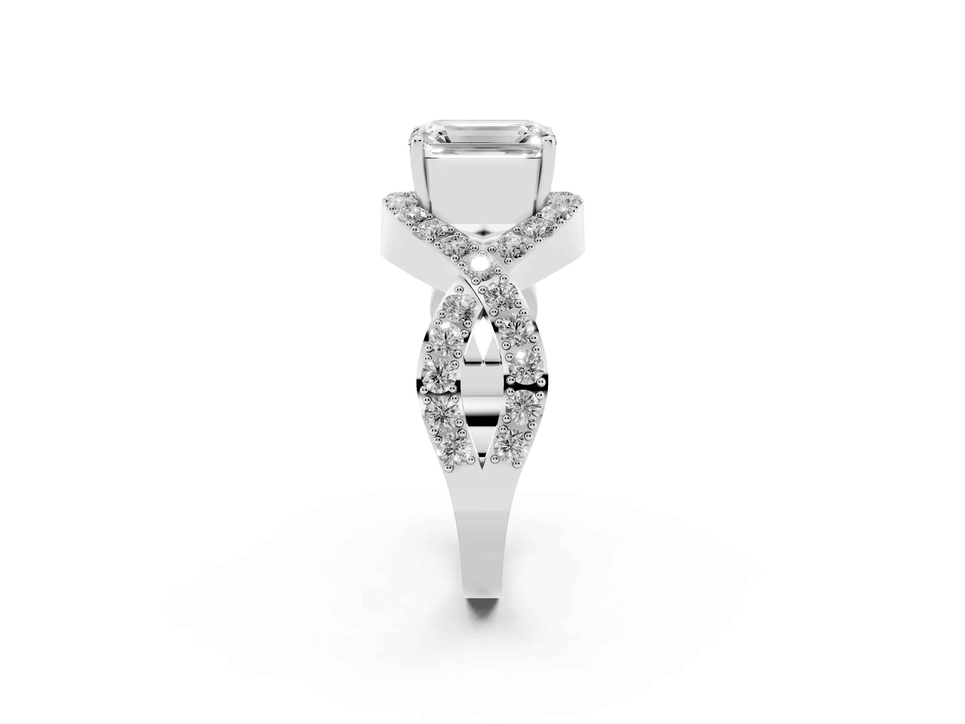 Emerald Cut Diamond Solitaire Twist Band Pavé Engagement Ring Set in Platinum
