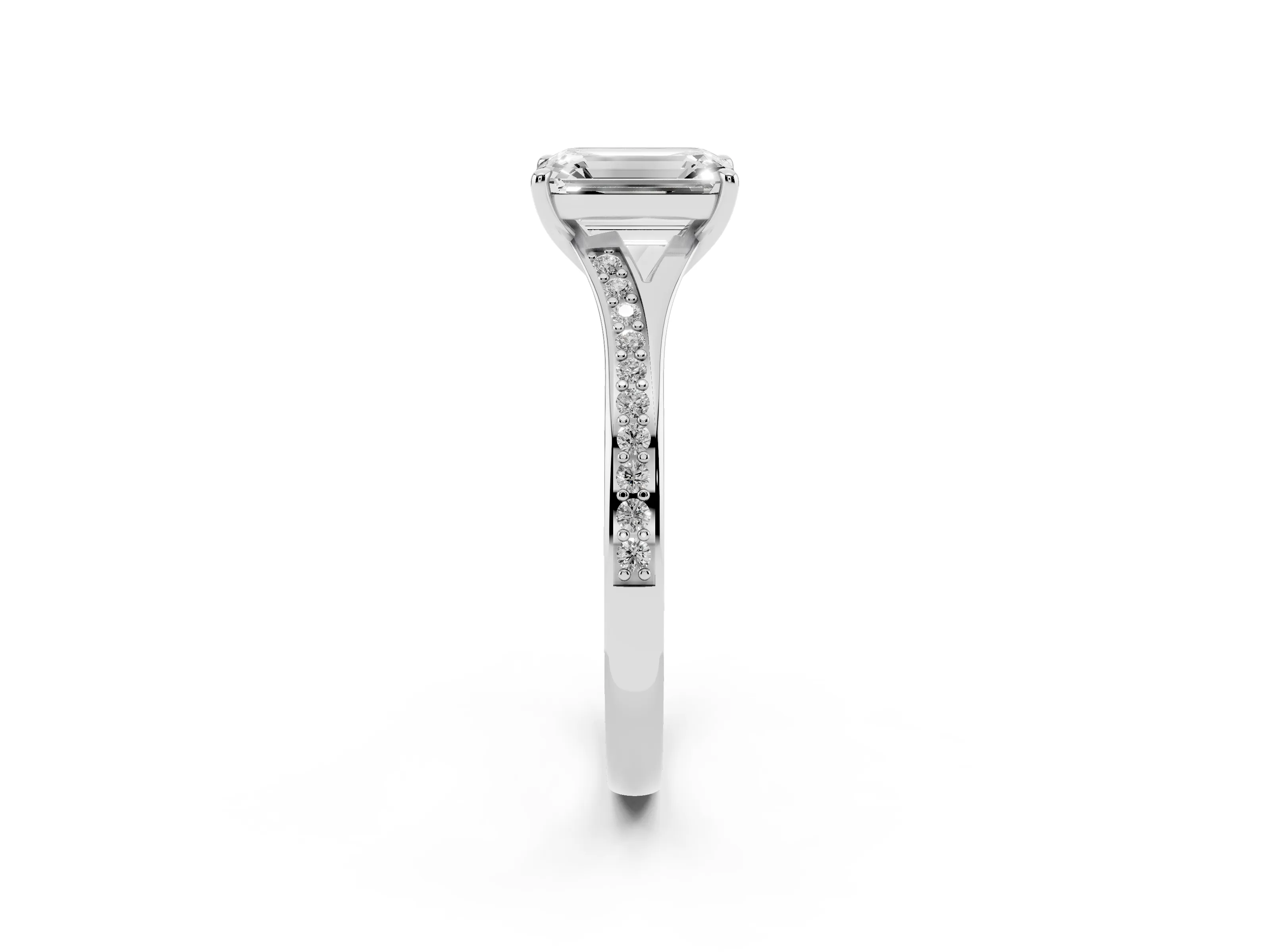 Emerald Cut Diamond Solitaire Ring Set in Silver with Pavé Accent Band and Classic Prong Setting