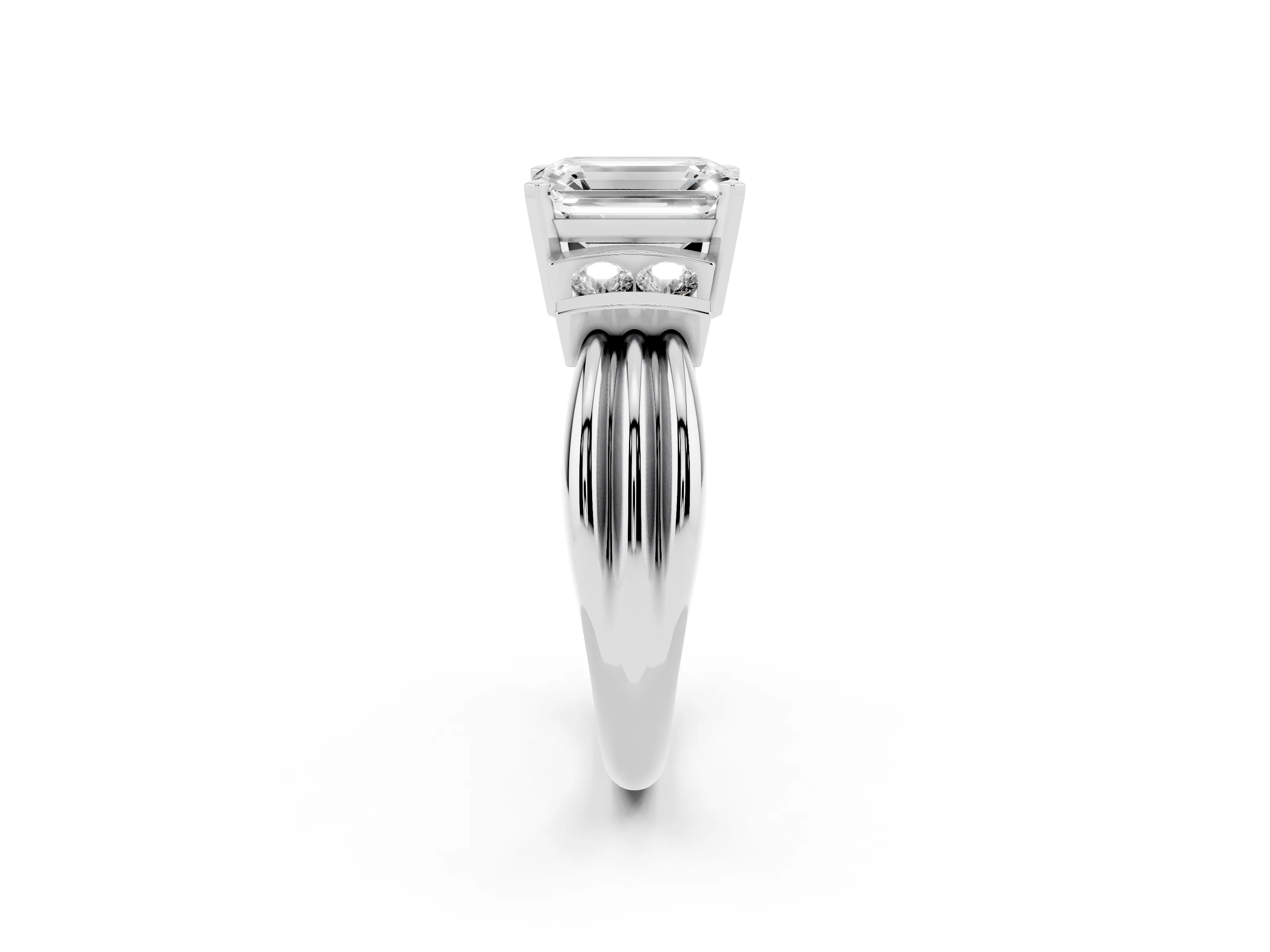 Three-Stone Emerald Cut Diamond Channel Set Ring Set in Silver with Bar Prongs