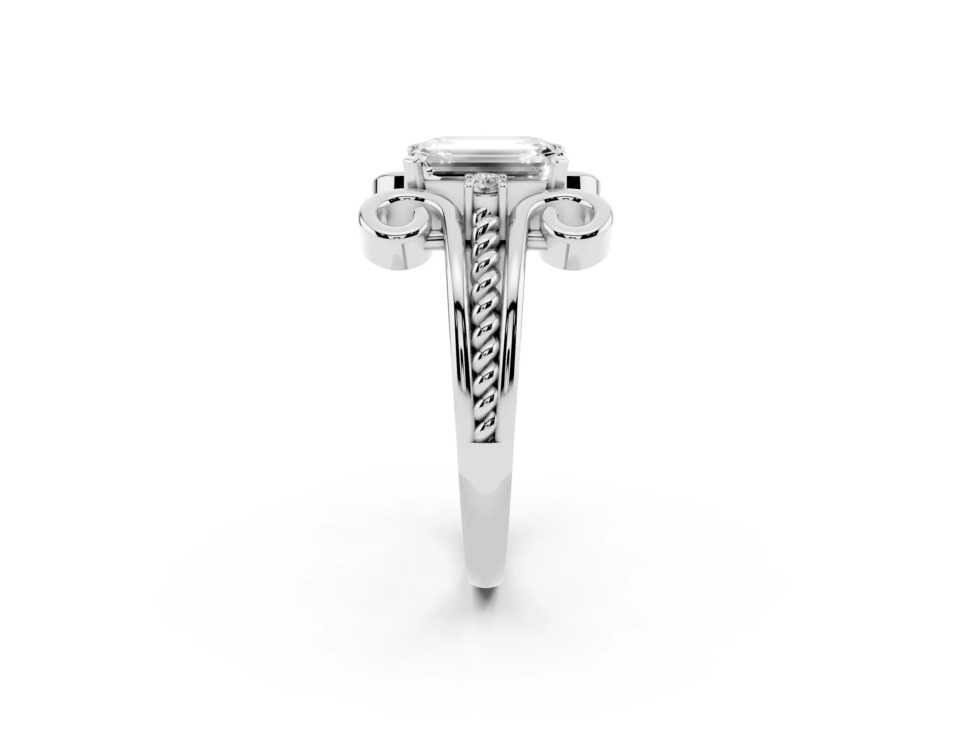 Emerald Cut Diamond Twisted Band Solitaire Ring Set in Platinum with Scroll Prongs