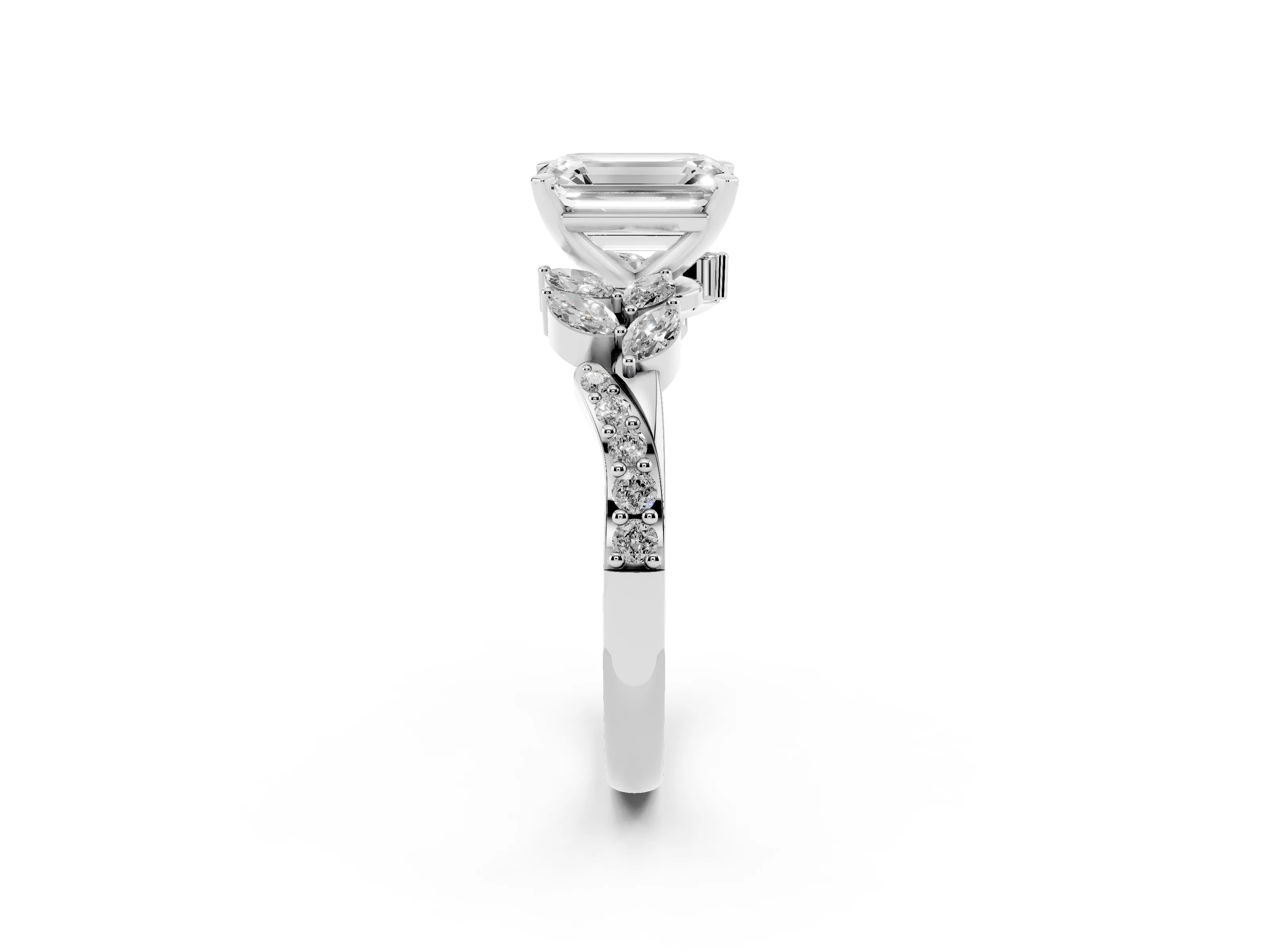 Emerald Cut Diamond Solitaire Ring Set in Silver with Marquise Twist Band and Prong Setting