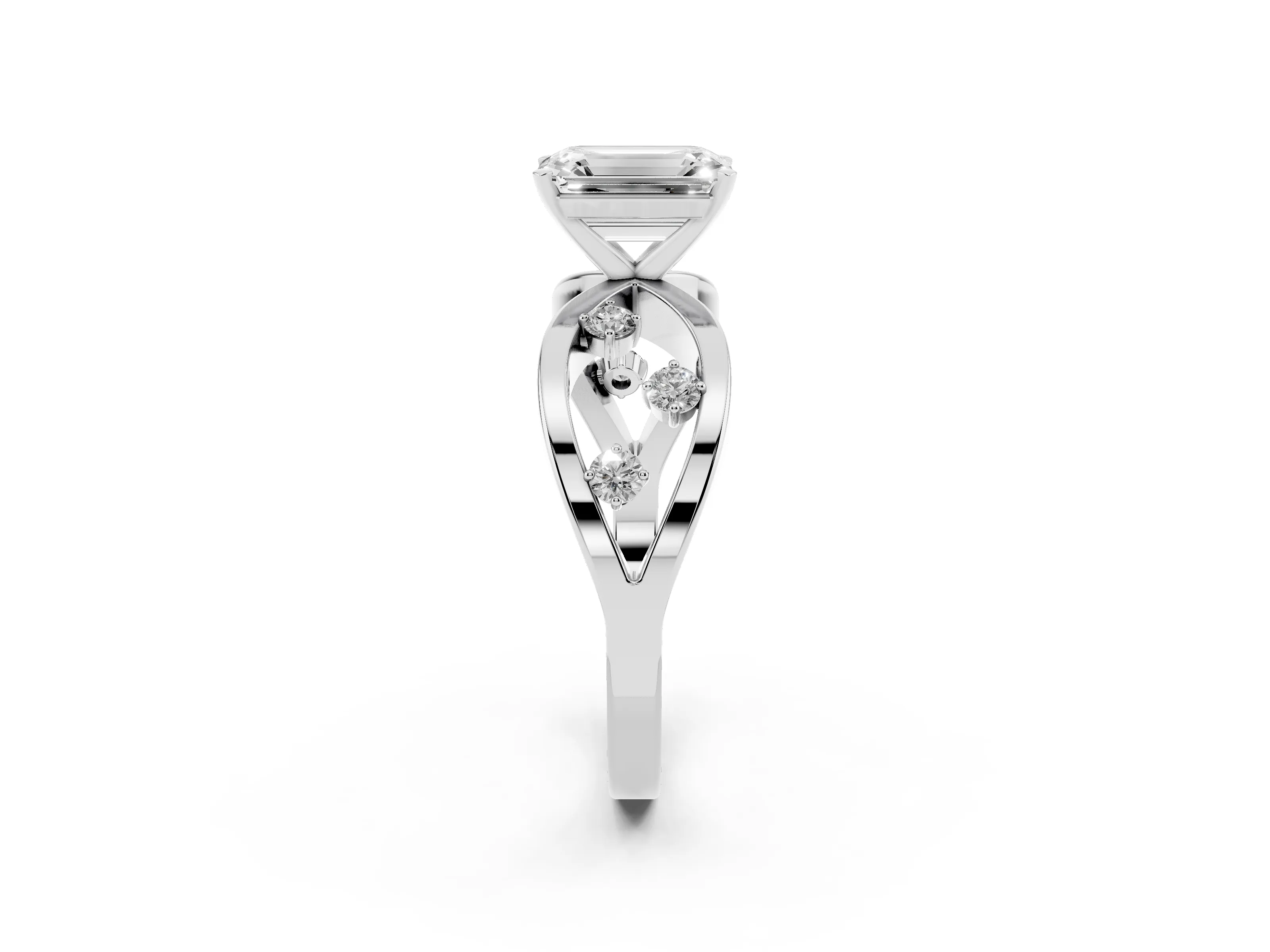 Emerald Cut Diamond Solitaire Ring Set in Platinum with Side Stones on Criss-Cross Band and Prong Setting