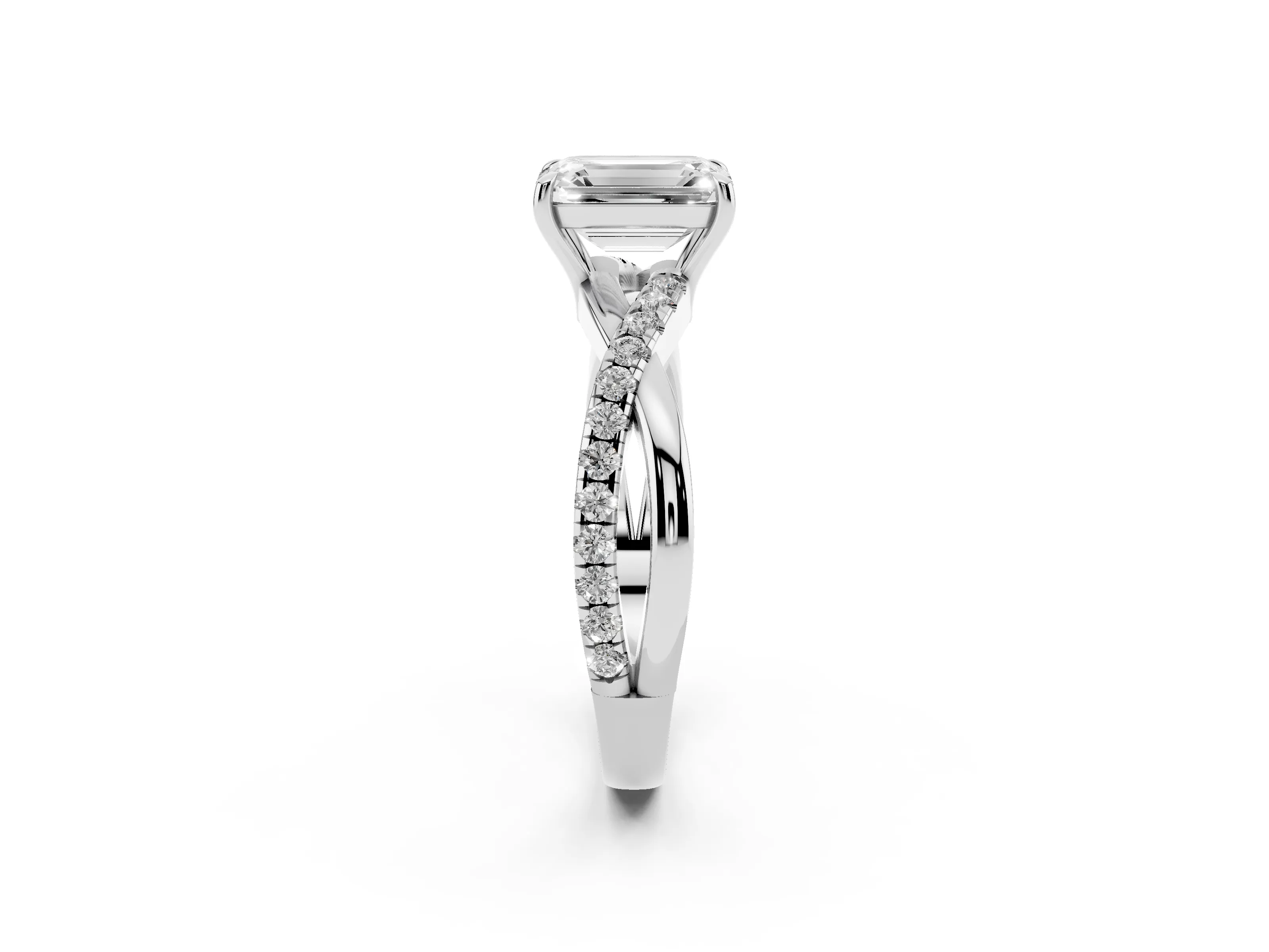 Emerald Cut Diamond Twisted Pavé Band Ring Set in Silver with Prong Setting