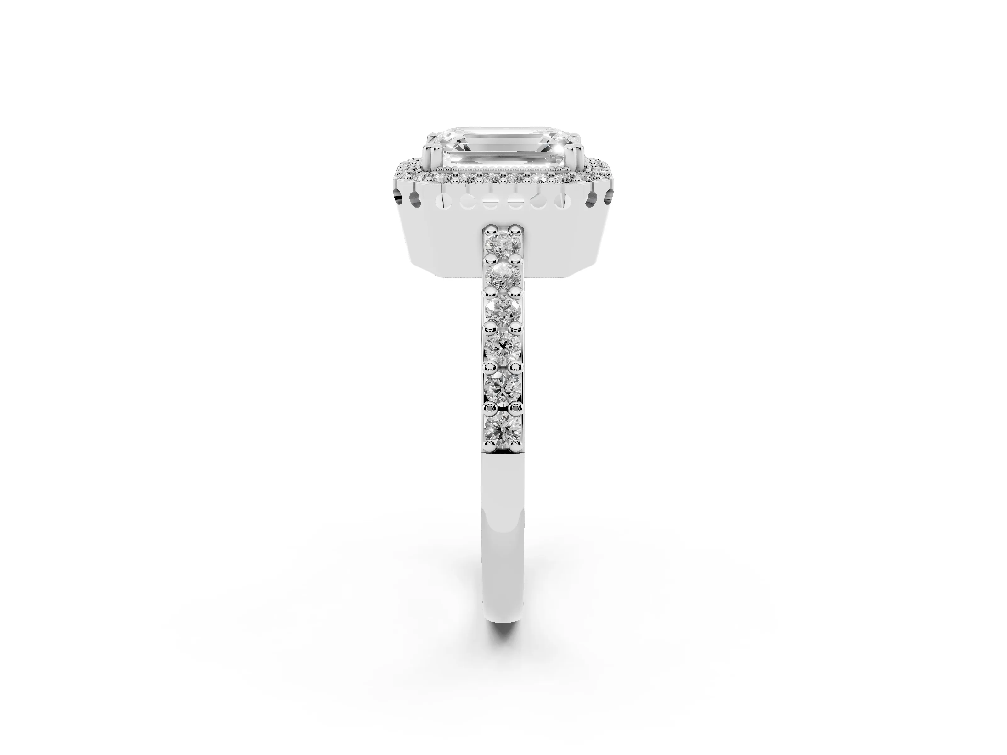 Emerald Cut Diamond Halo Engagement Ring Set in Platinum with Milgrain Detail and Pavé Band