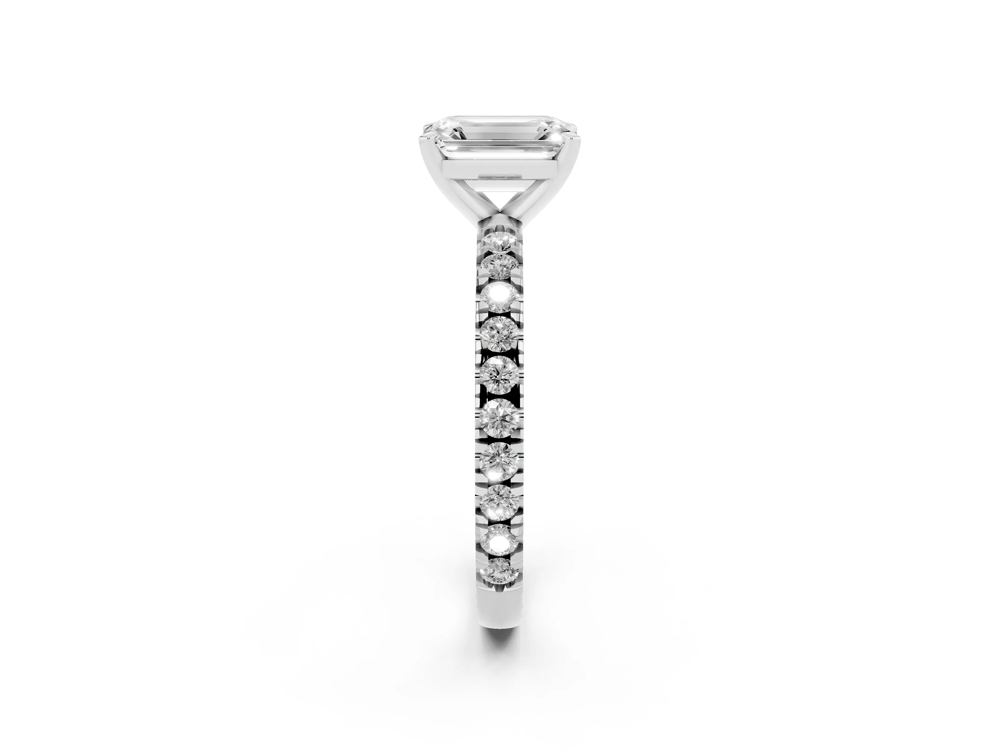 Emerald Cut Diamond Pavé Band Solitaire Set in White gold with Prong Setting