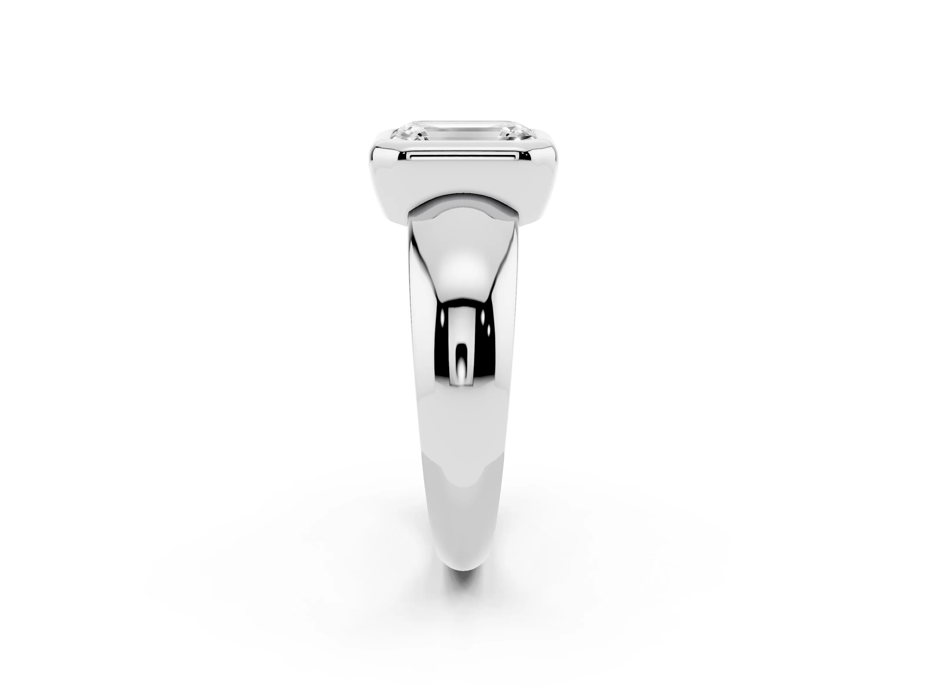 Bezel Set Emerald Cut Diamond Solitaire Ring Set in White gold with Wide Band