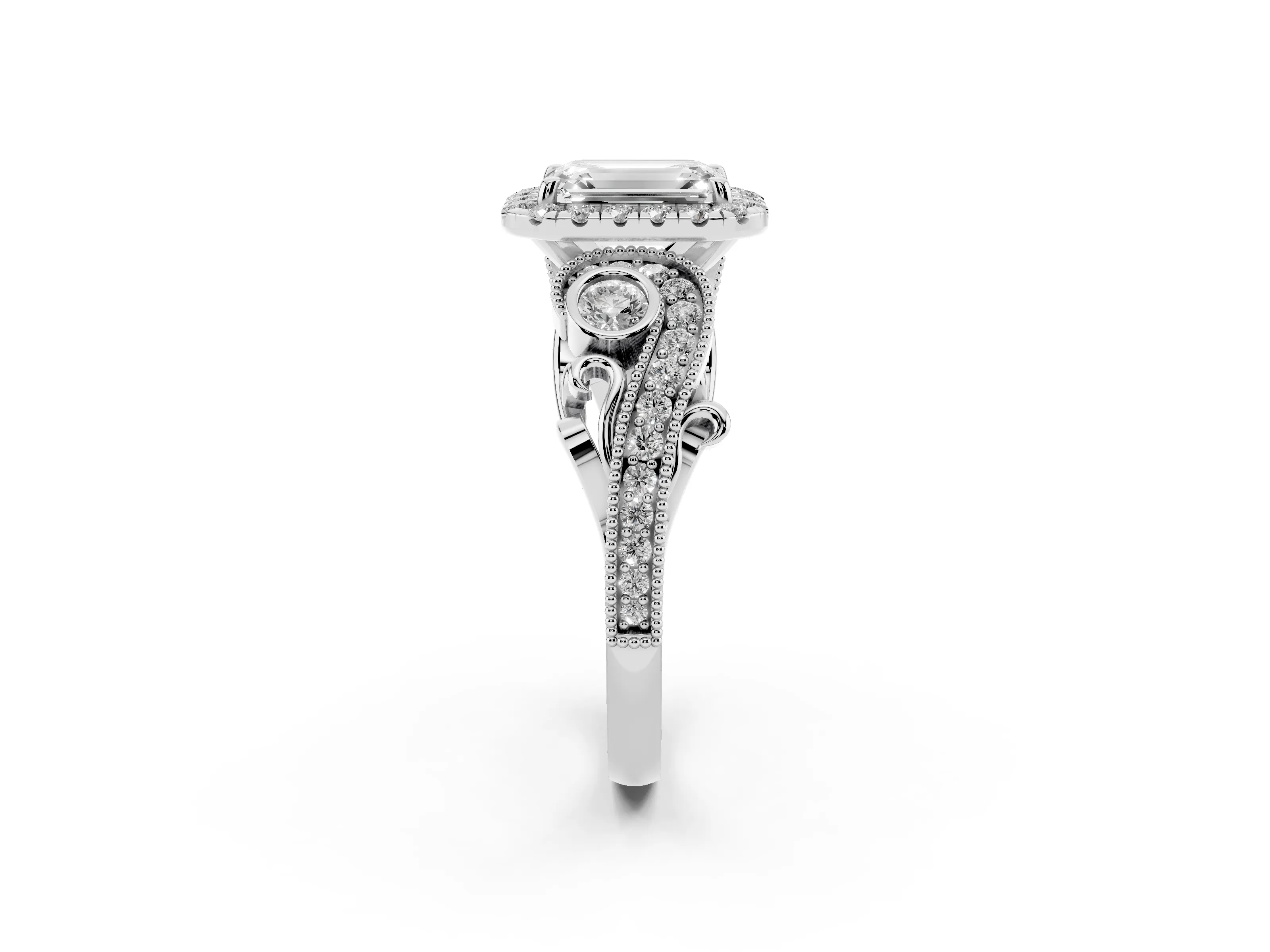 Emerald Cut Diamond Halo Ring Set in Silver with Milgrain Pavé Band and Prong Setting
