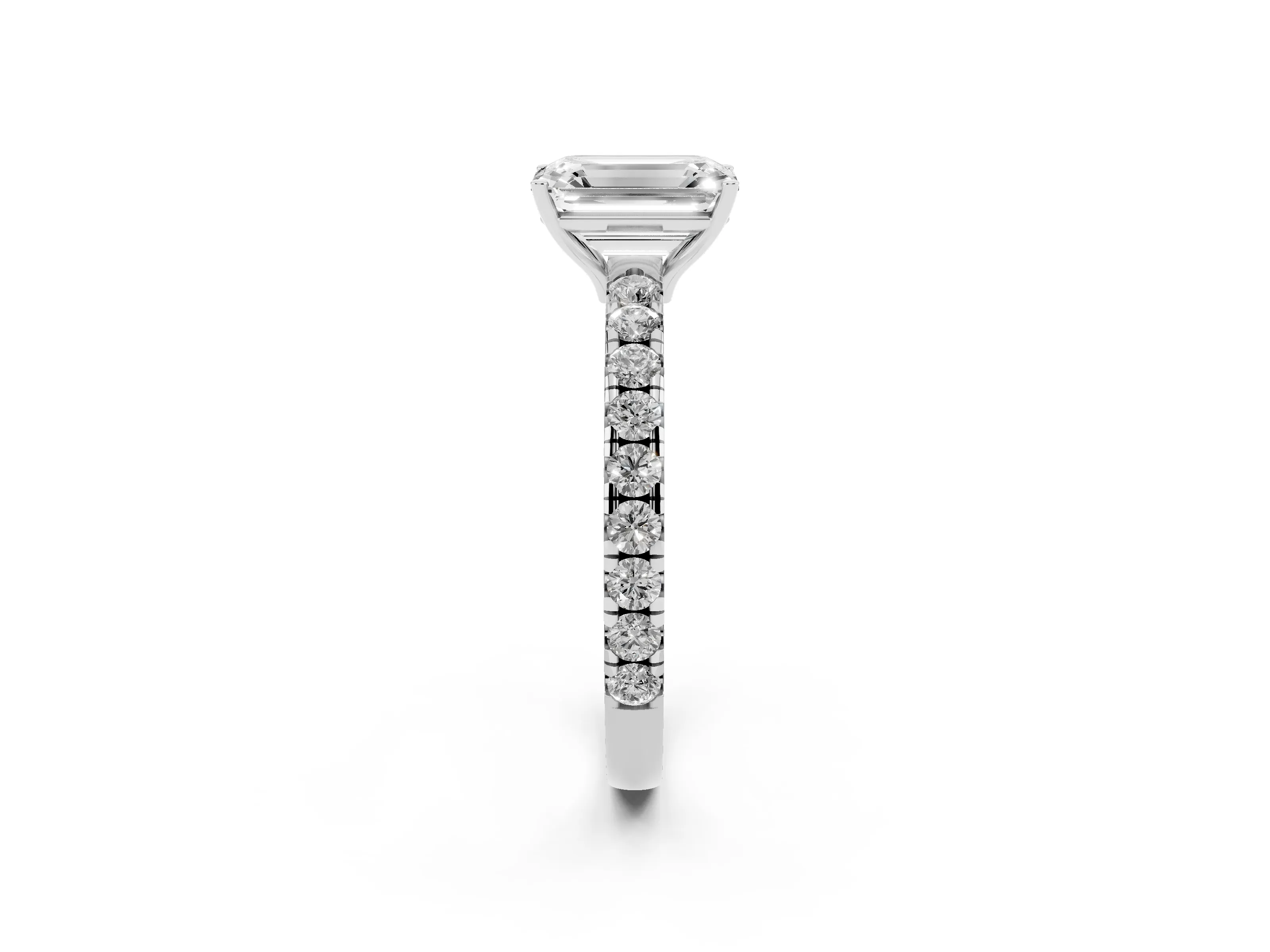 Emerald Cut Diamond Pavé Solitaire Engagement Ring Set in Silver with Prong Setting