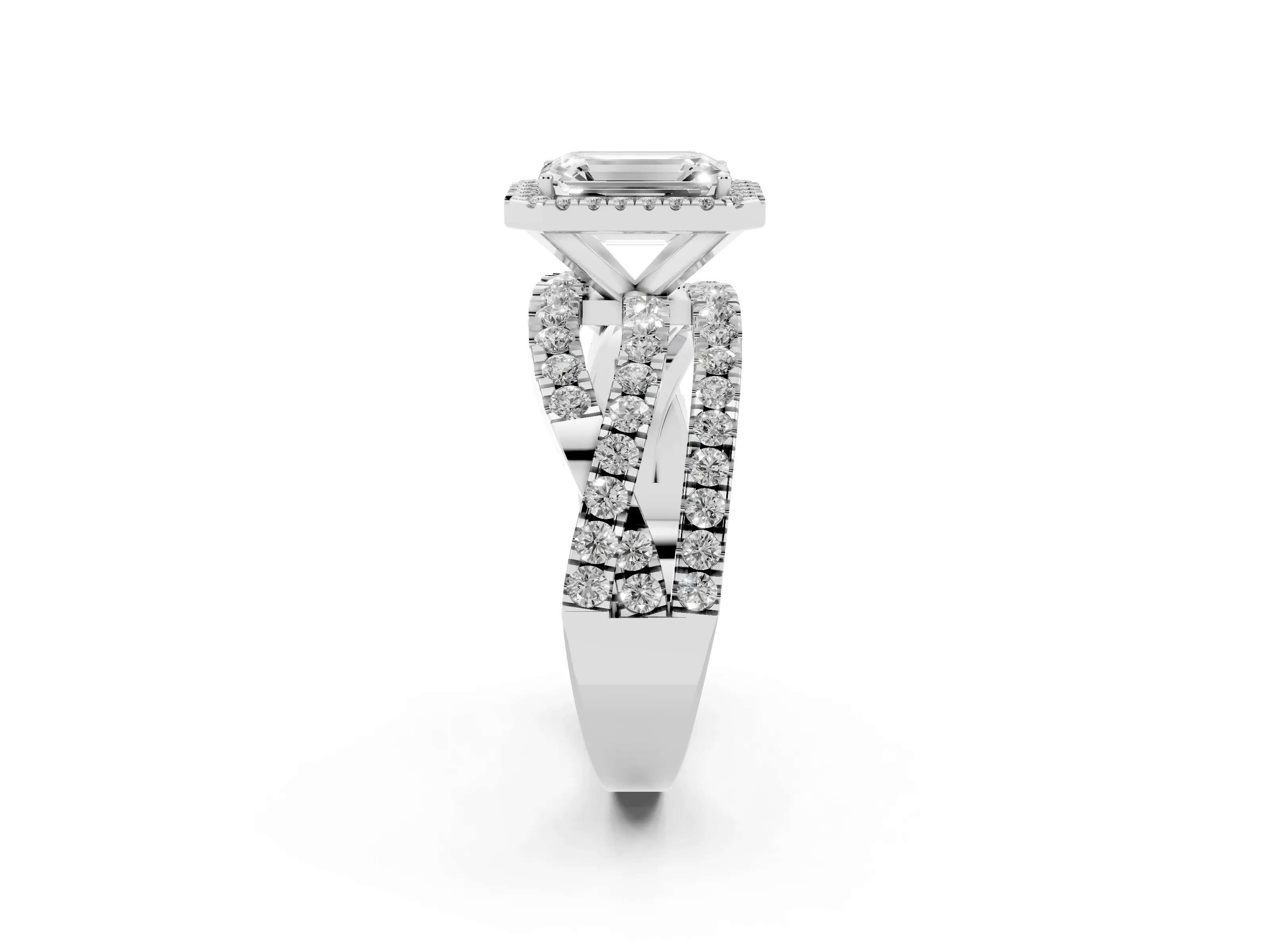 Emerald Cut Diamond Halo Ring Set in Platinum with Round Crossover Split Shank and Prong Setting