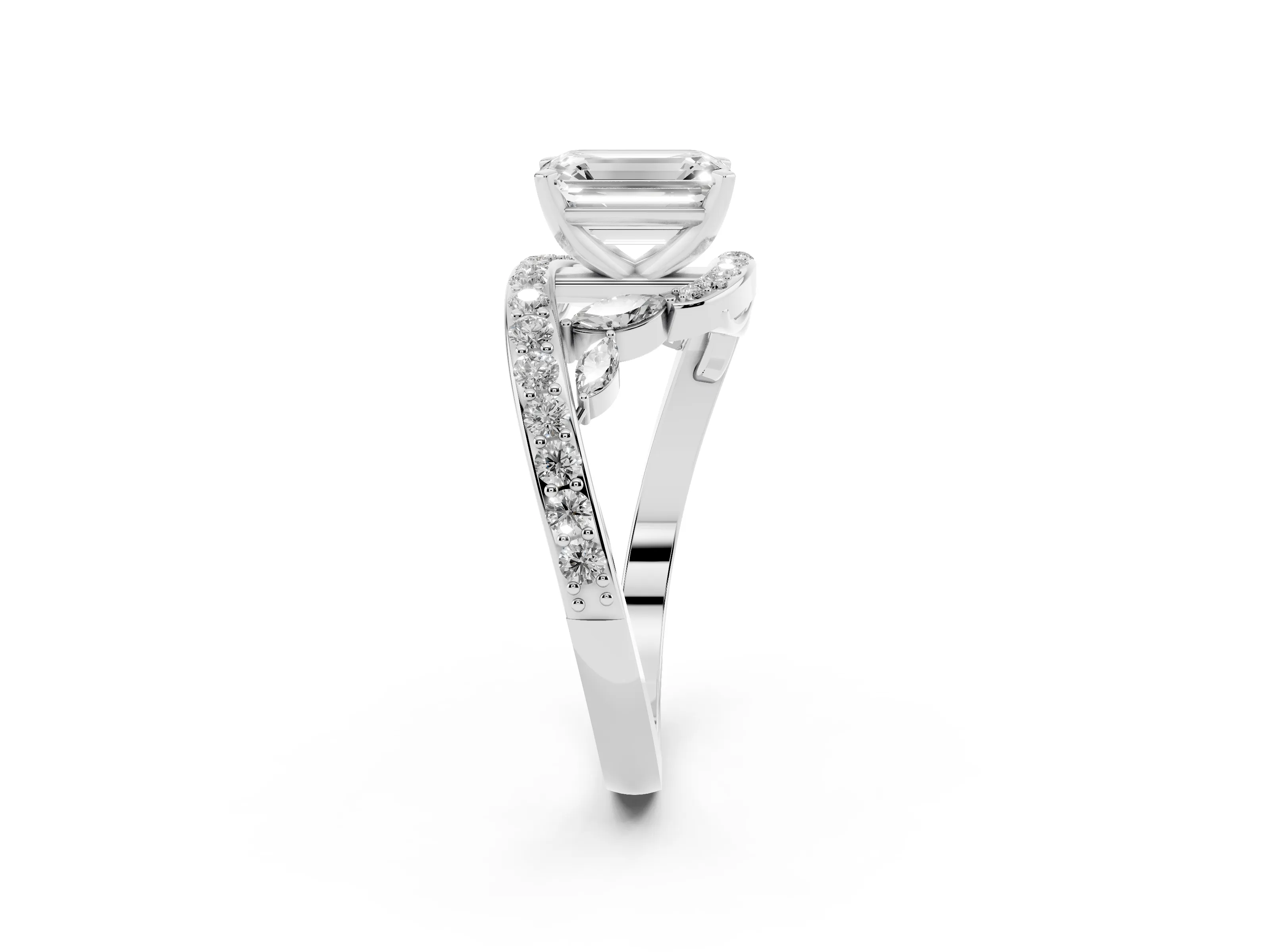 Emerald Cut Diamond Solitaire Ring Set in Platinum with Pavé Twist Band and Secure Prong Setting