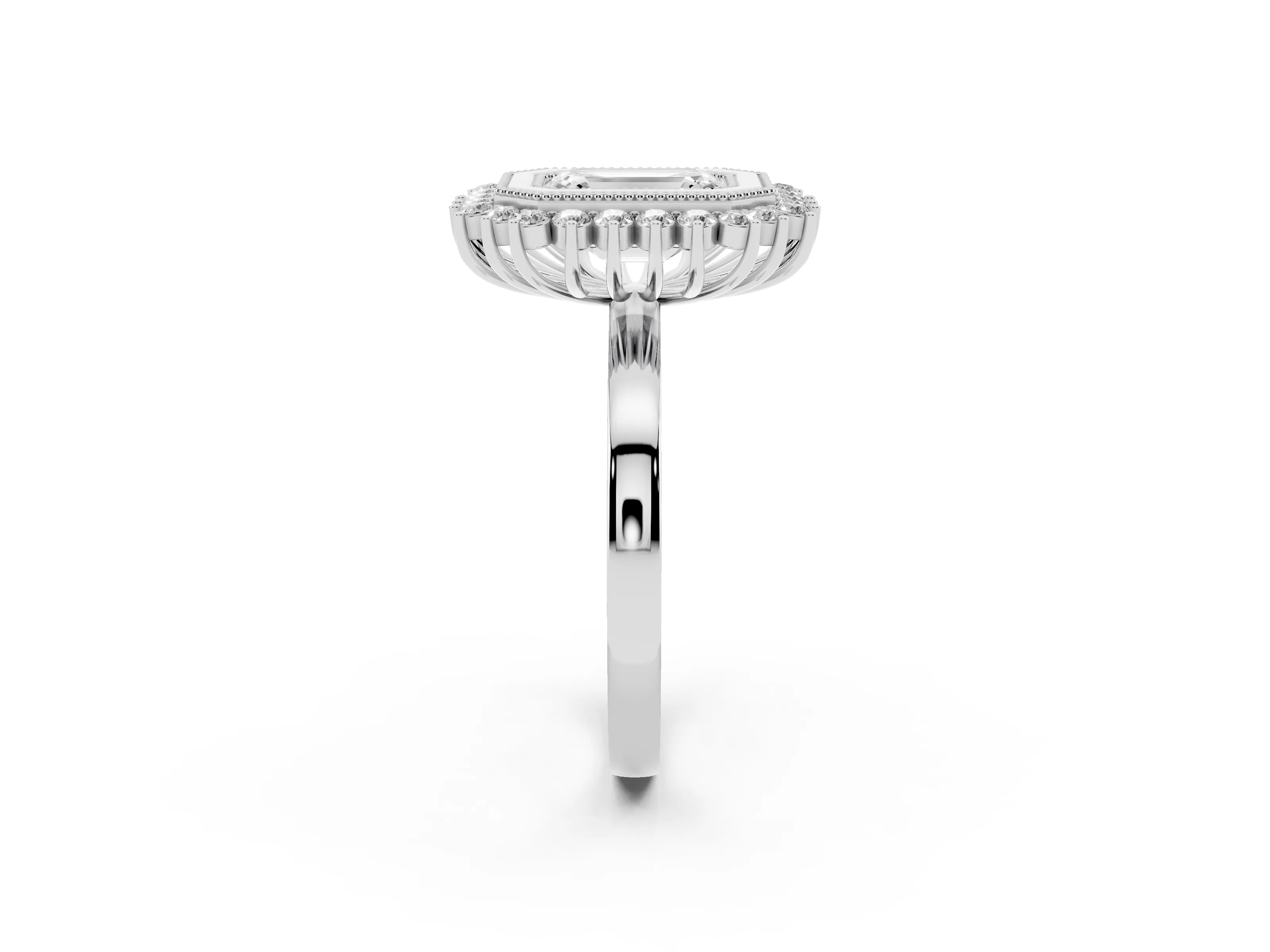 Emerald Cut Diamond Halo Ring Set in Silver with Milgrain Edge and Round Prong Setting