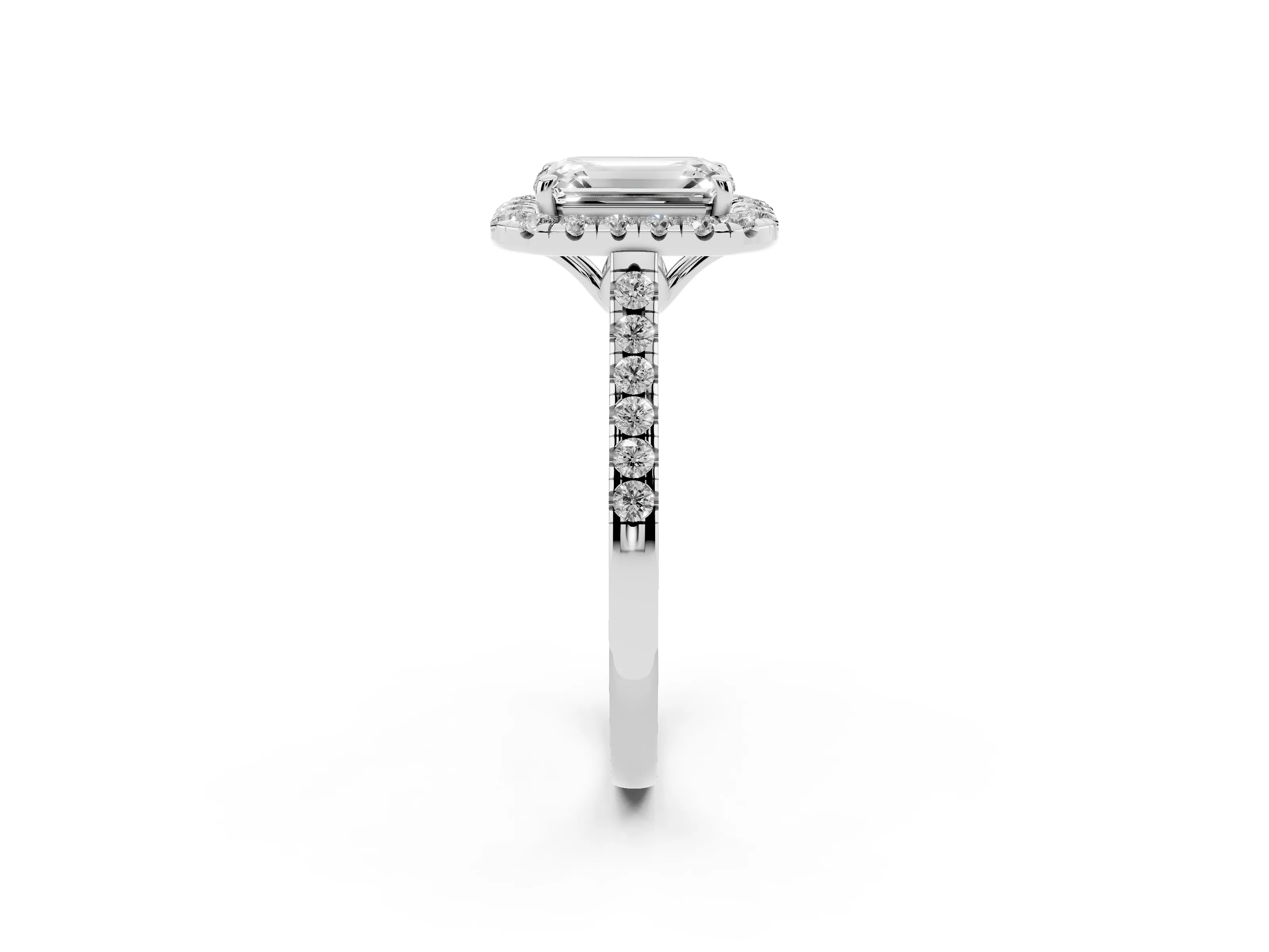 Emerald Cut Diamond Pavé Halo Engagement Ring Set in Silver with Pavé Band and Prong Setting