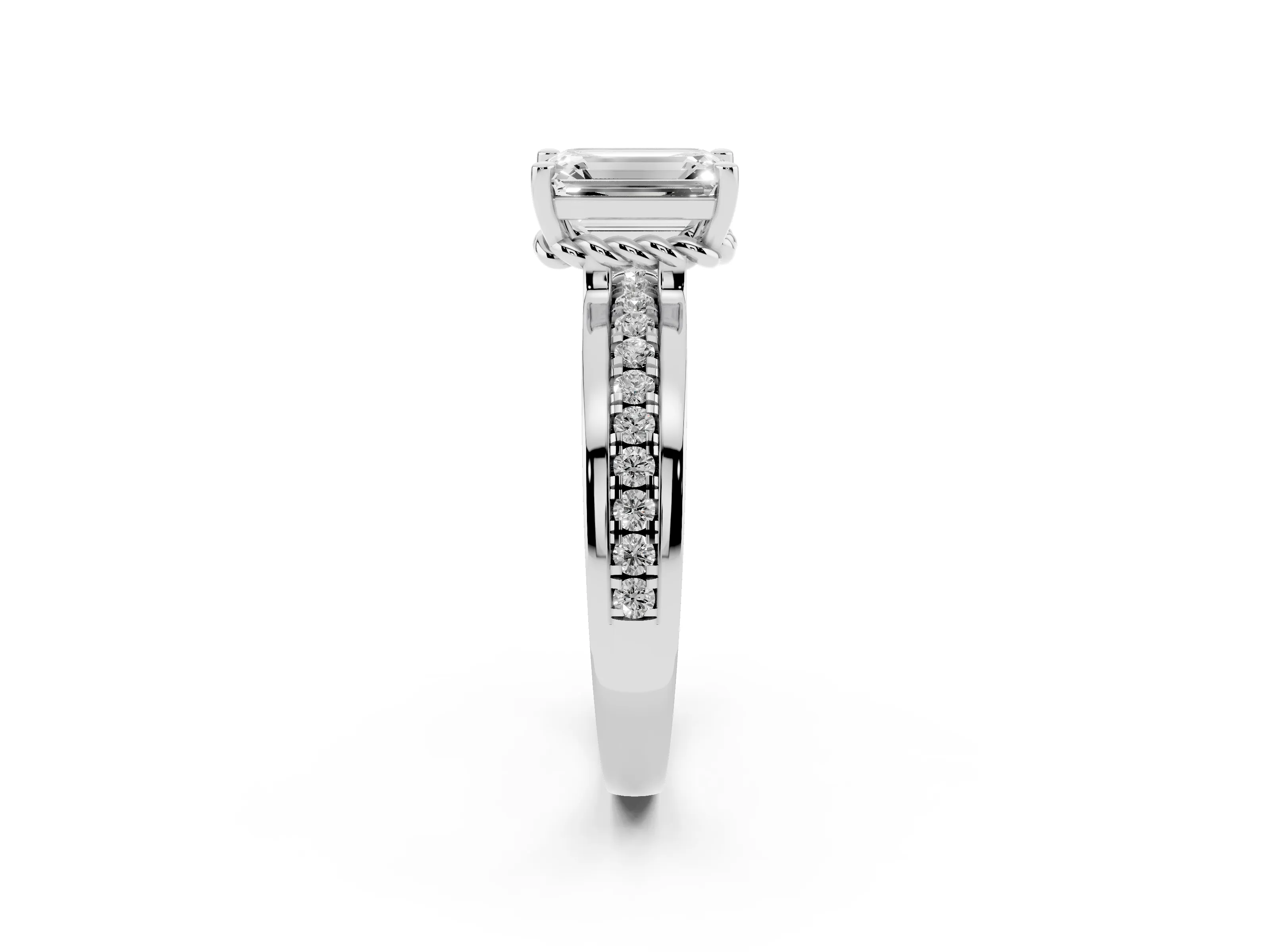 Emerald Cut Diamond Solitaire Ring Set in Platinum with Channel Set Band and Prong Setting
