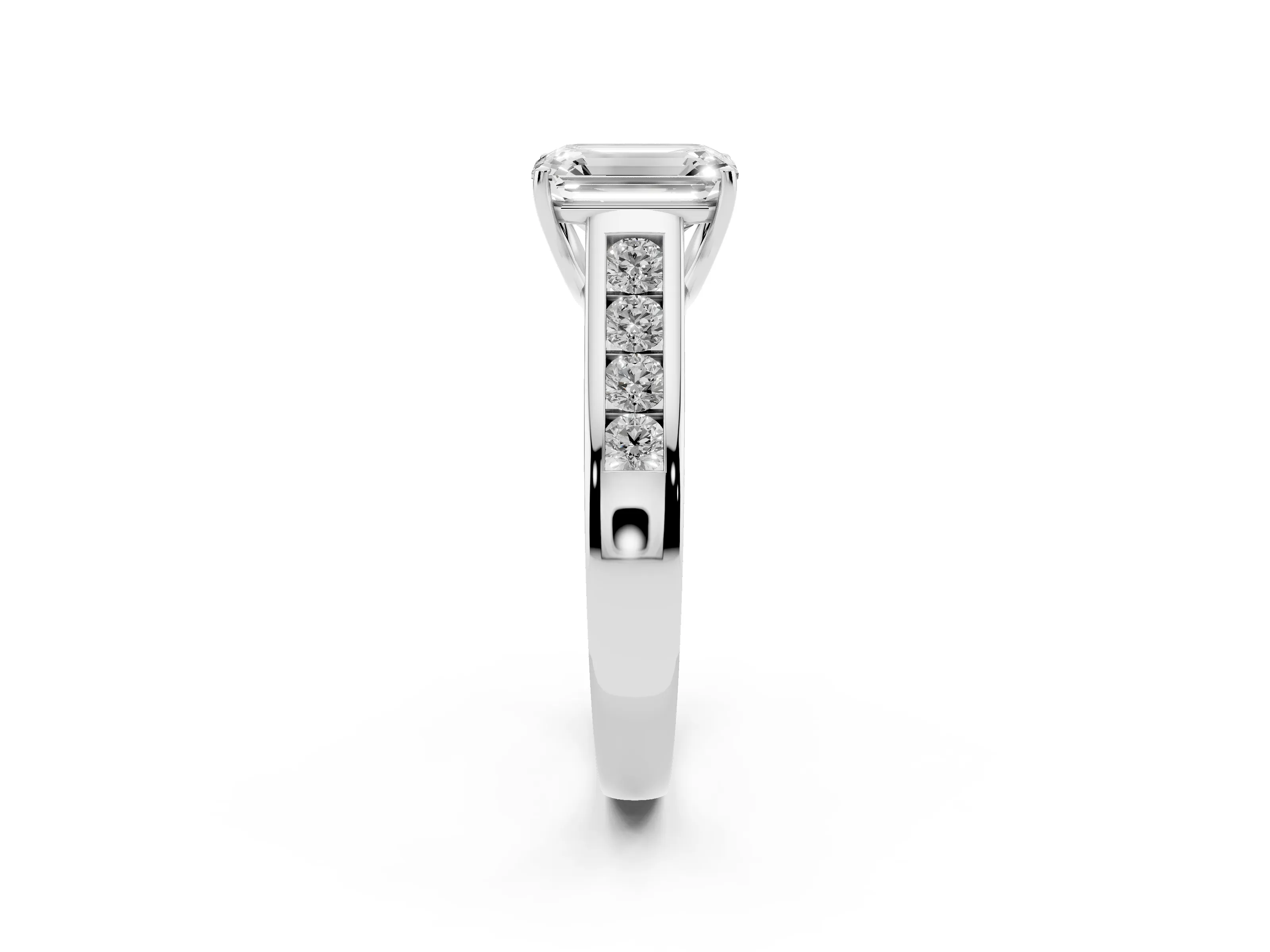 Emerald Cut Diamond Solitaire Channel-Set Engagement Ring Set in White gold with Prong Setting