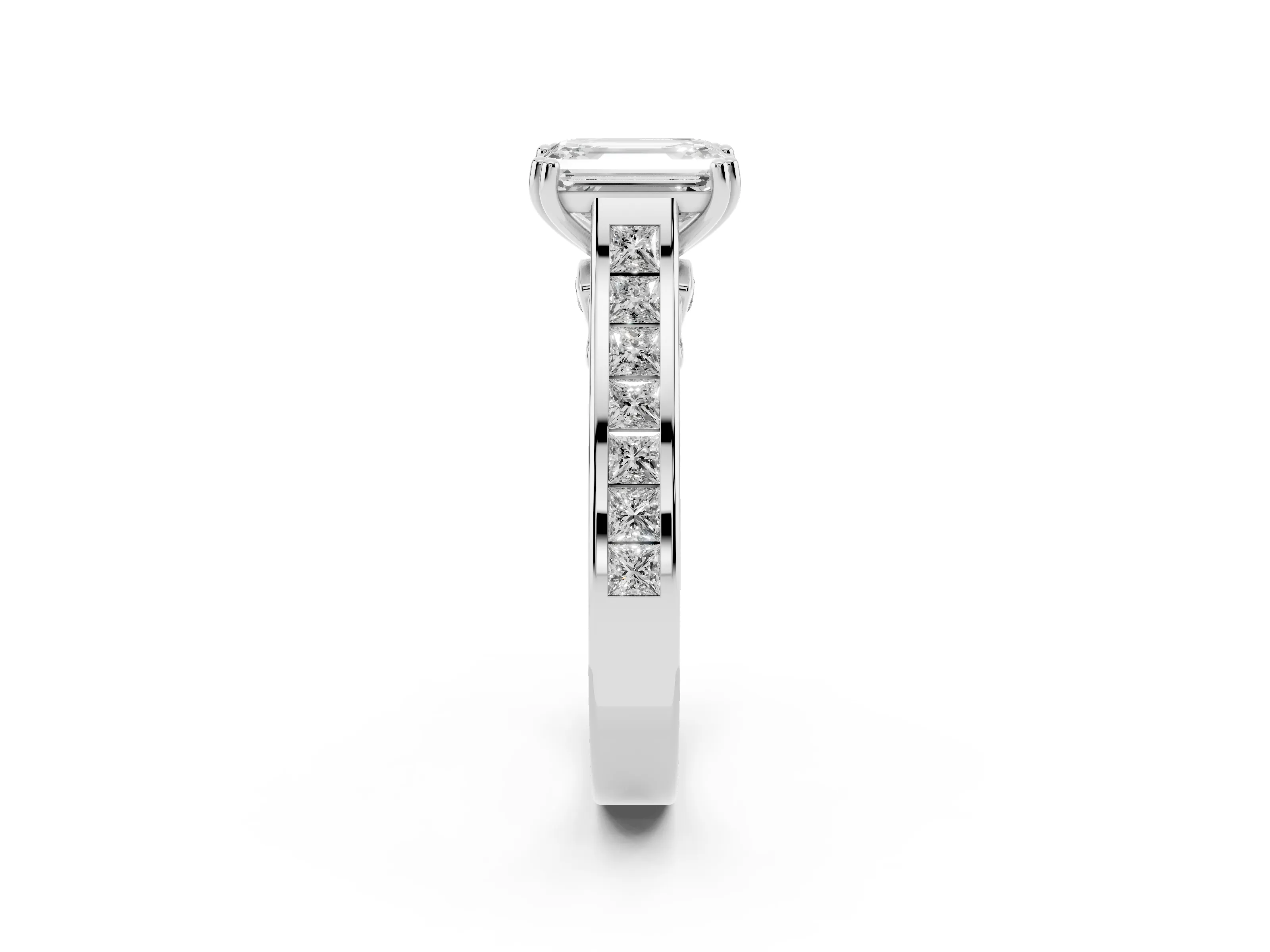 Emerald Cut Diamond Channel Set Solitaire Engagement Ring Set in Silver with Prong Setting