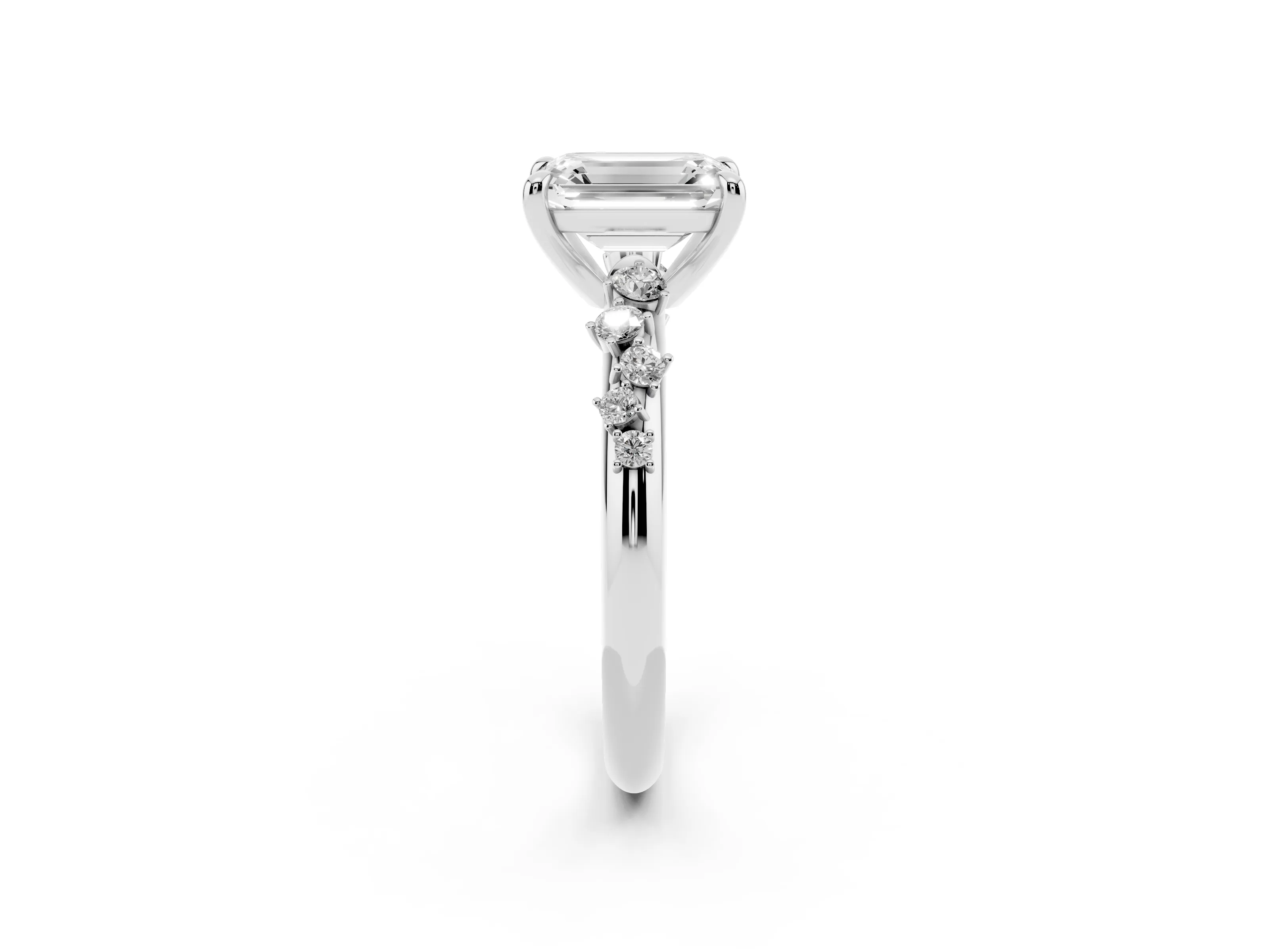 Emerald Cut Diamond Solitaire Vine Band Ring Set in White gold with Round Accents and Prong Setting