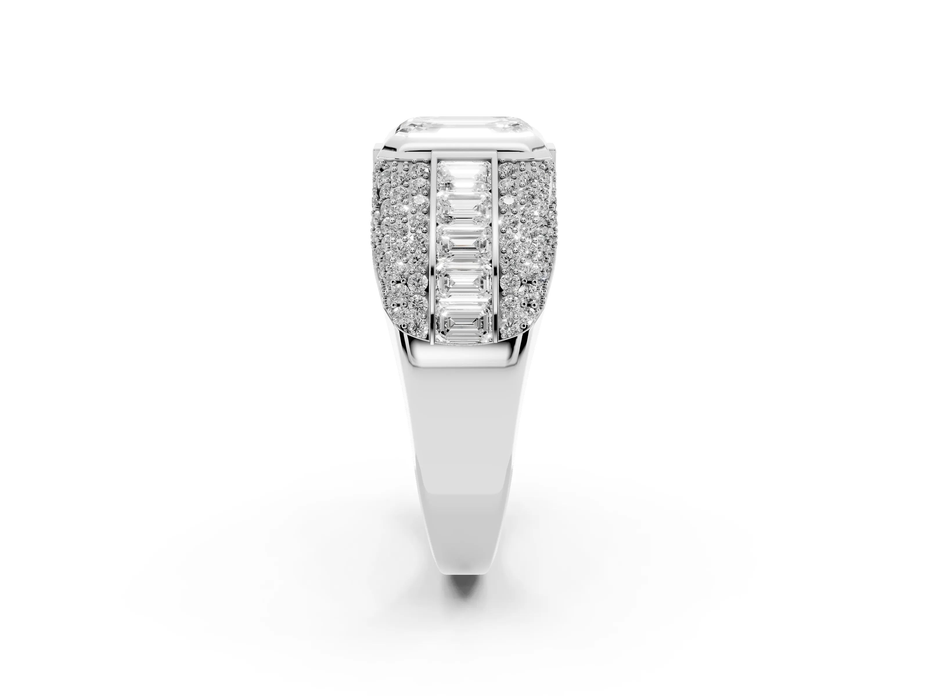 Emerald Cut Diamond Mens Ring Set in Platinum with Structured Side Stones and Pavé Shoulders