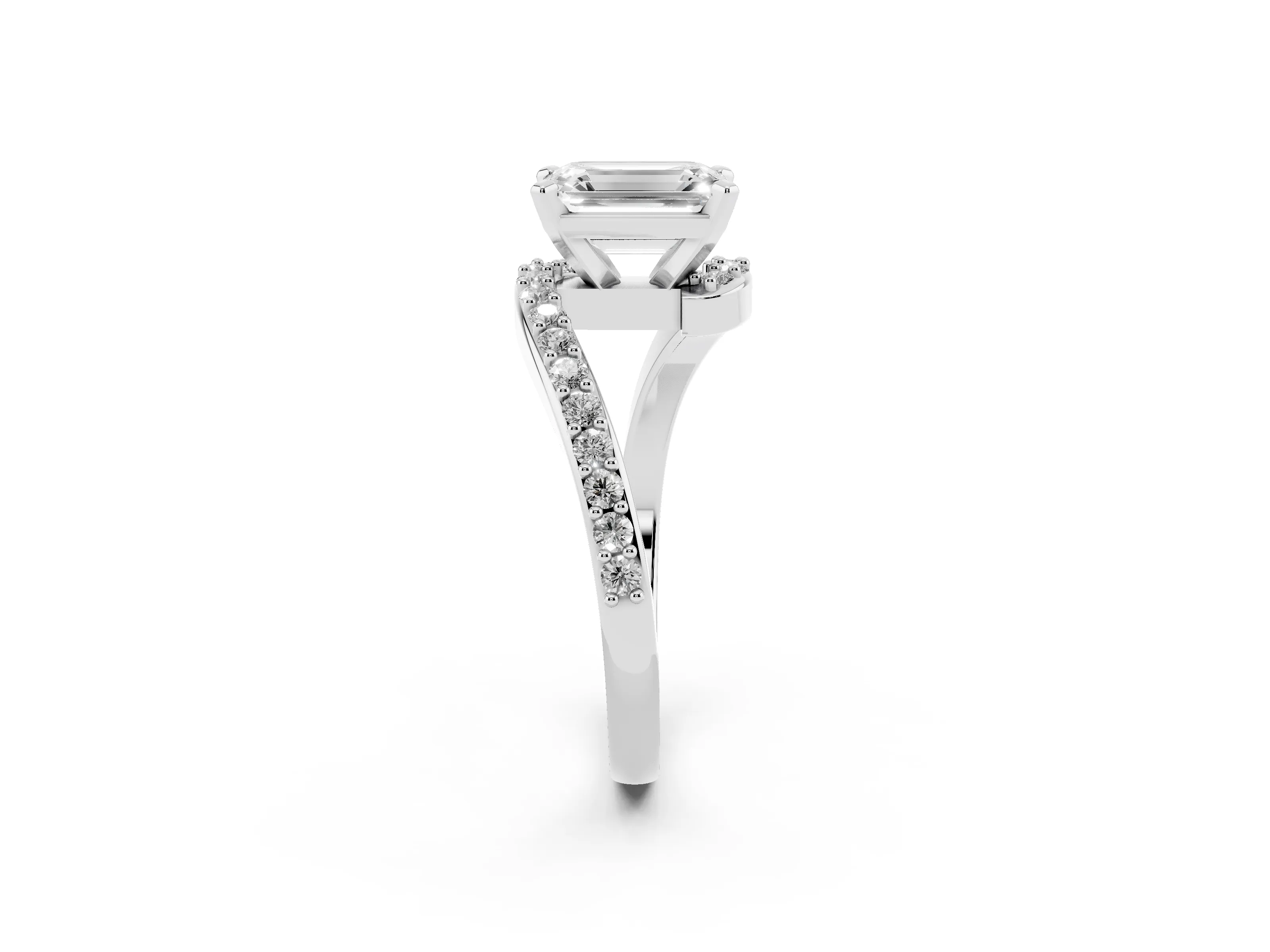 Emerald Cut Diamond Solitaire Ring Set in Platinum with Pavé Twist Band and Prong Setting