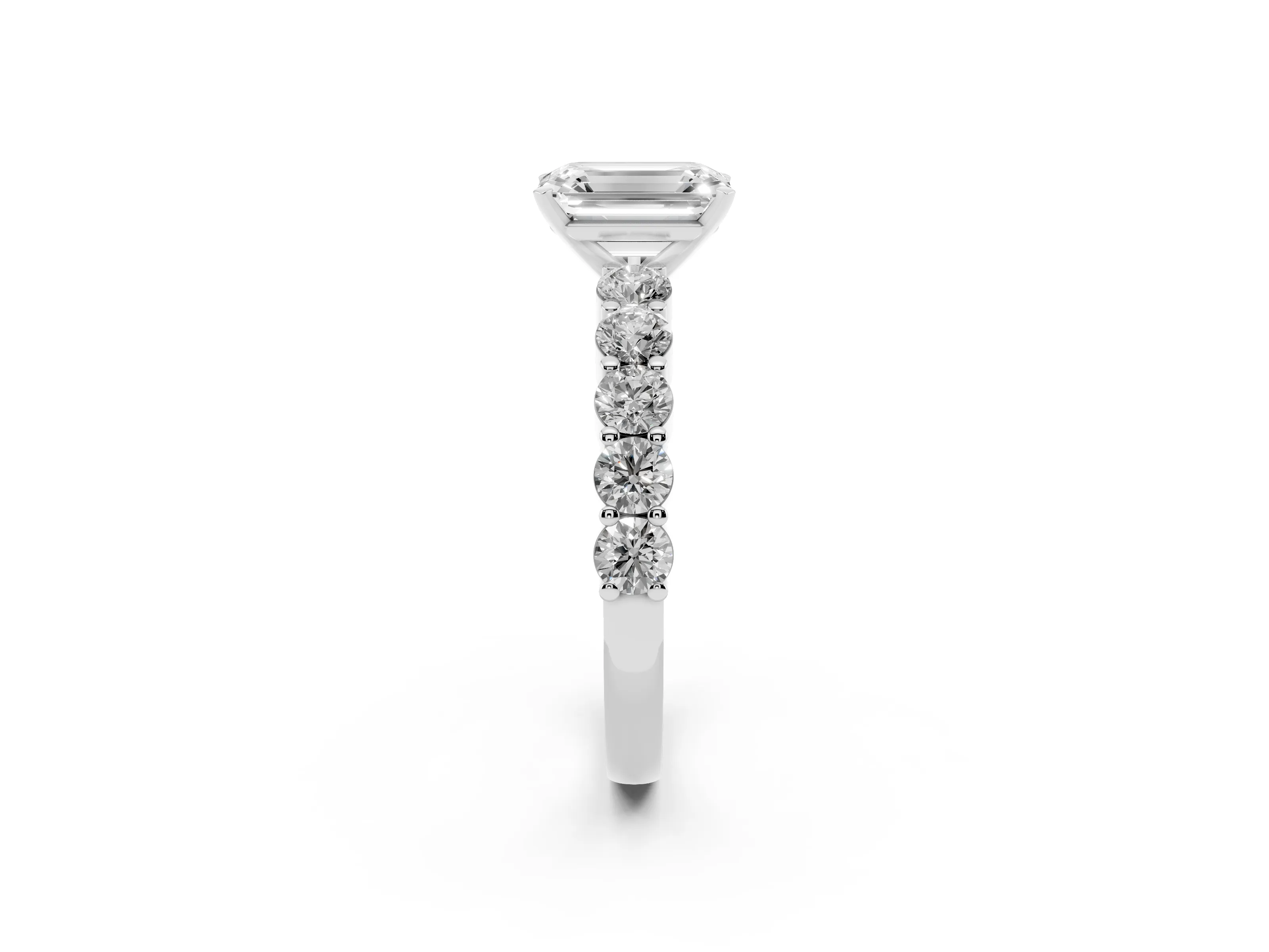 Emerald Cut Diamond Solitaire Ring Set in Silver with Shared Prong Round Side Stones