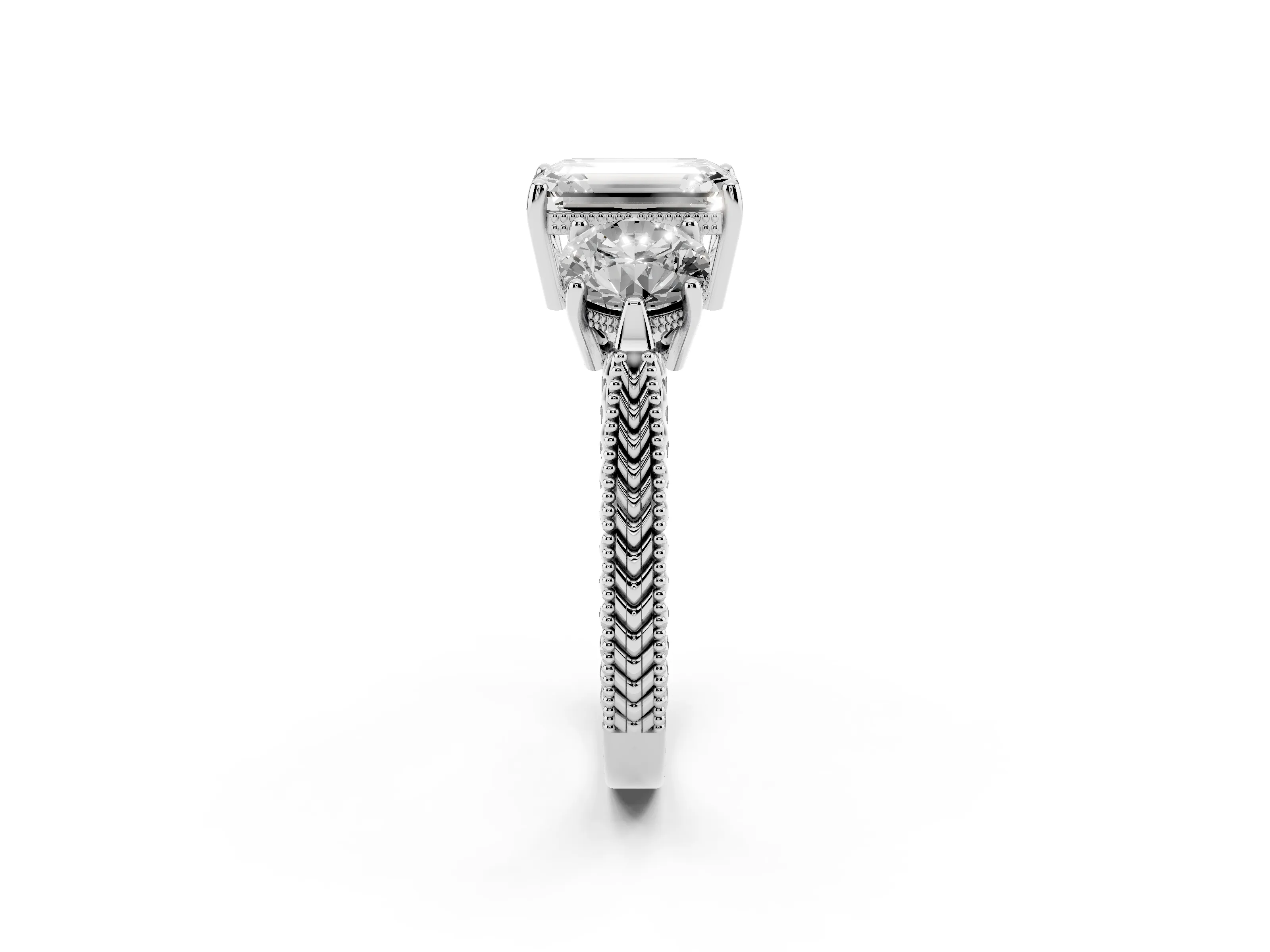 Emerald Cut Diamond Three-Stone Ring Set in Platinum with Milgrain Band