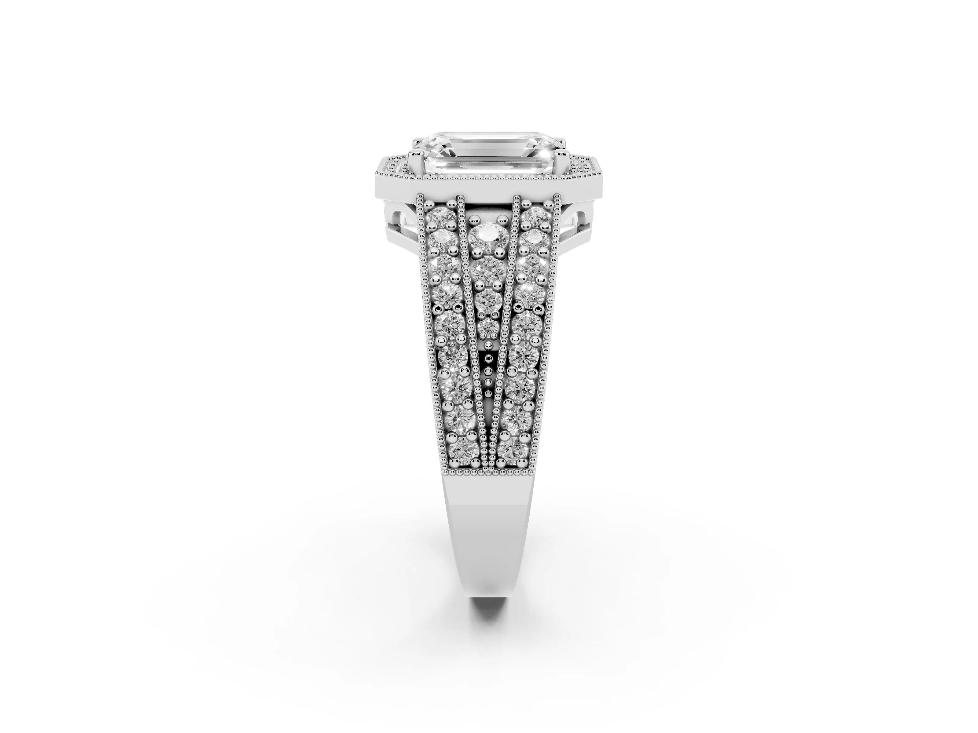 Emerald Cut Diamond Halo Ring Set in Silver with Accent Split Shank and Prong Setting