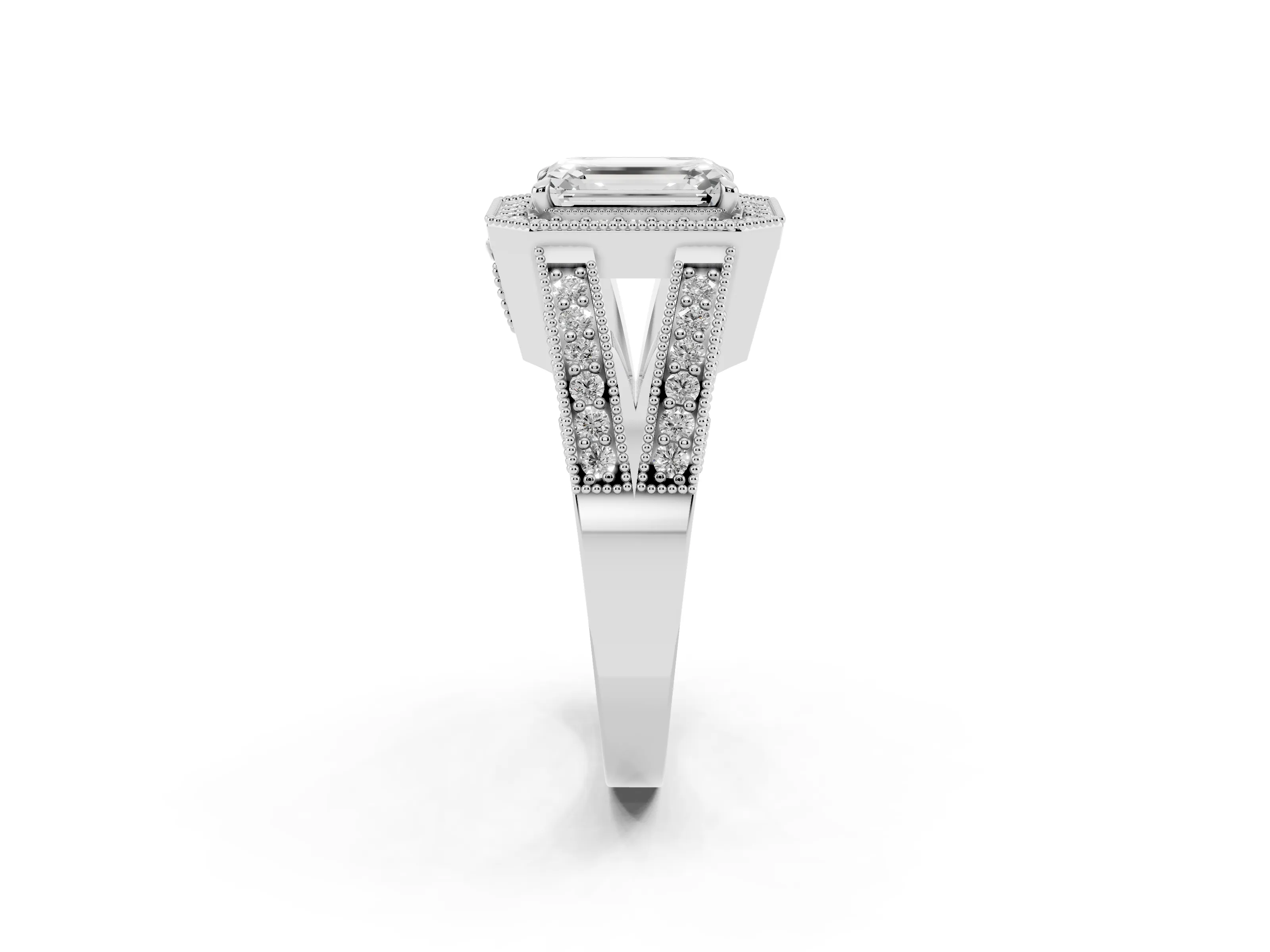Emerald Cut Diamond Halo Ring Set in White gold with Stone-Set Split Shank and Milgrain Edges