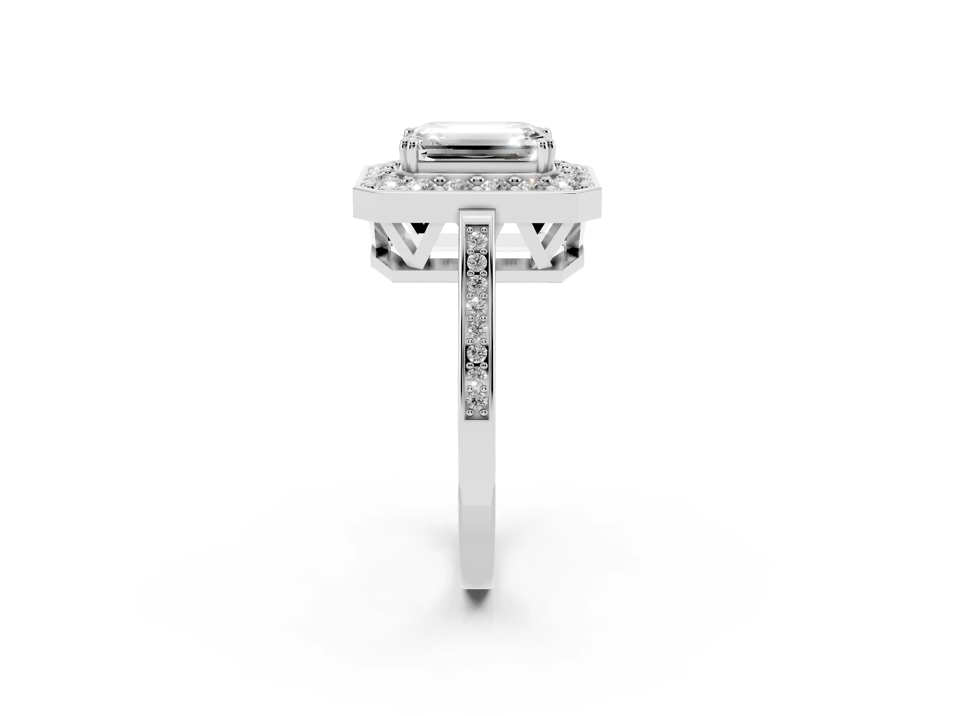 Emerald Cut Diamond Halo Ring Set in Platinum with Accent-Lined Split Shank and Prong Setting