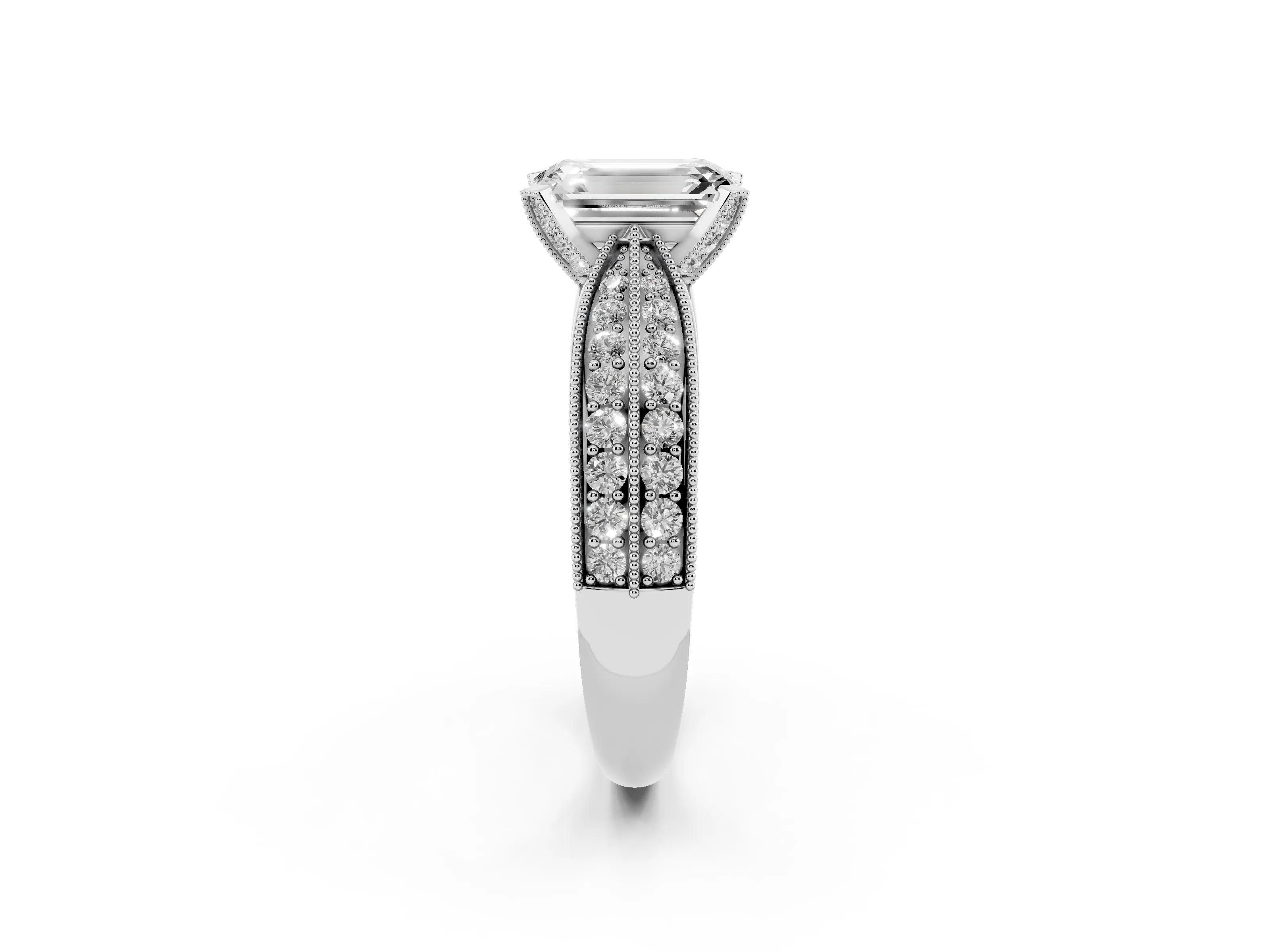 Emerald Cut Diamond Solitaire Ring Set in Platinum with Milgrain Double Row Round Pavé Band