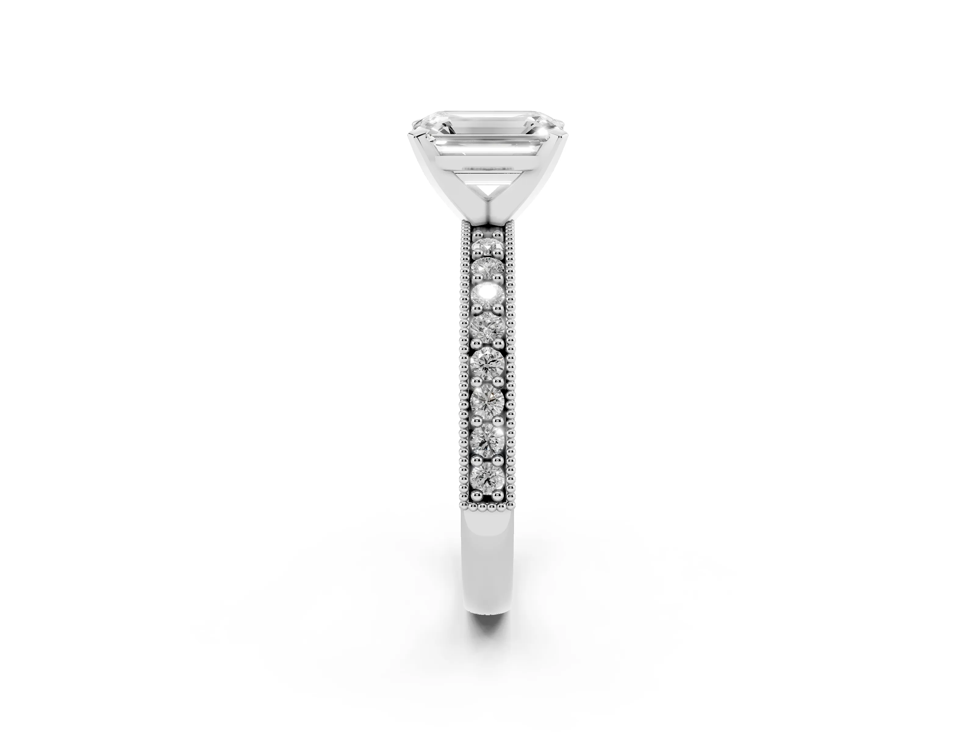 Emerald Cut Diamond Milgrain Pavé Engagement Ring Set in Platinum with Prong Setting