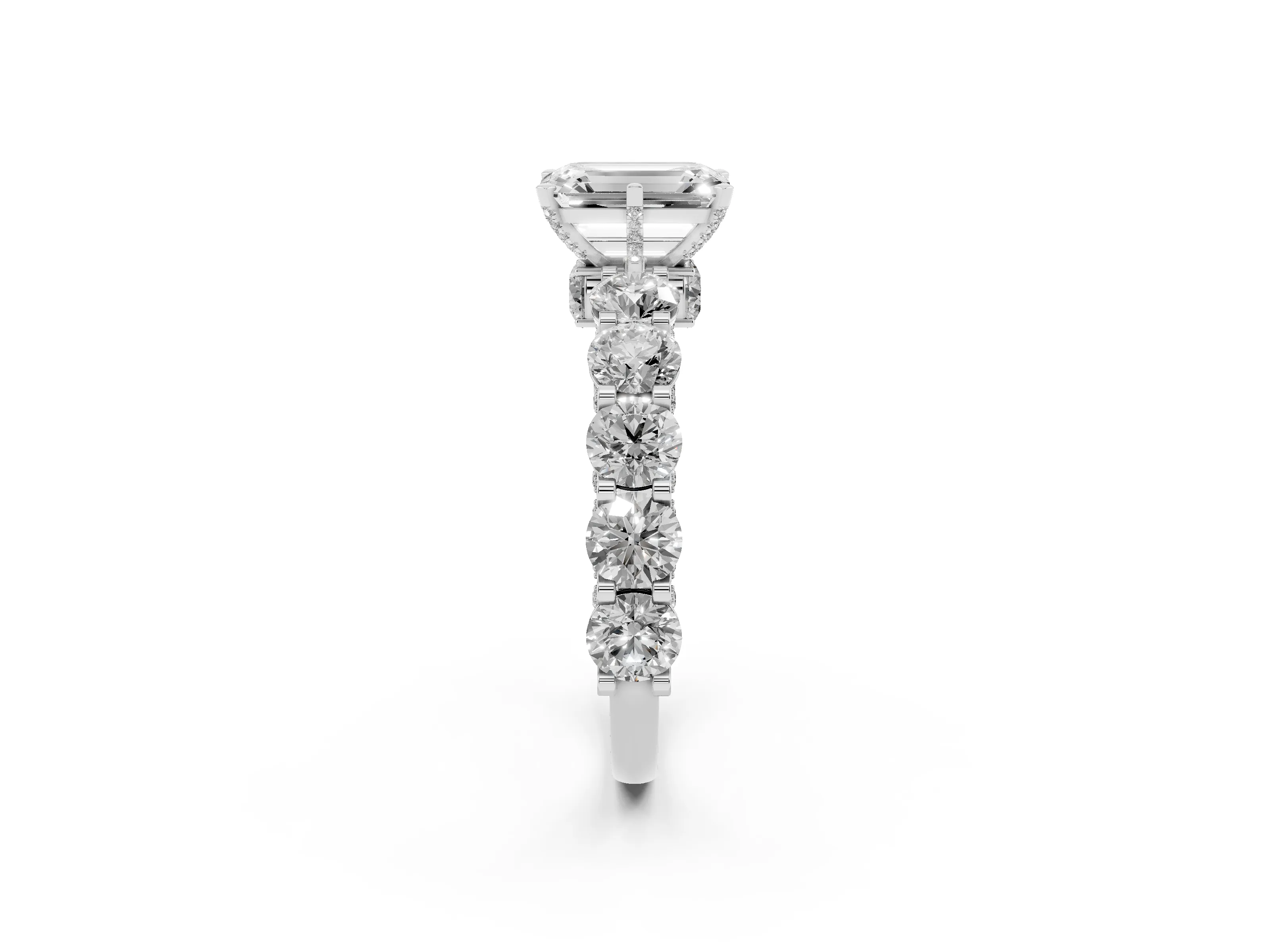 Emerald Cut Diamond Side Stone Ring Set in Silver with Alternating Round and Oval Side Stones