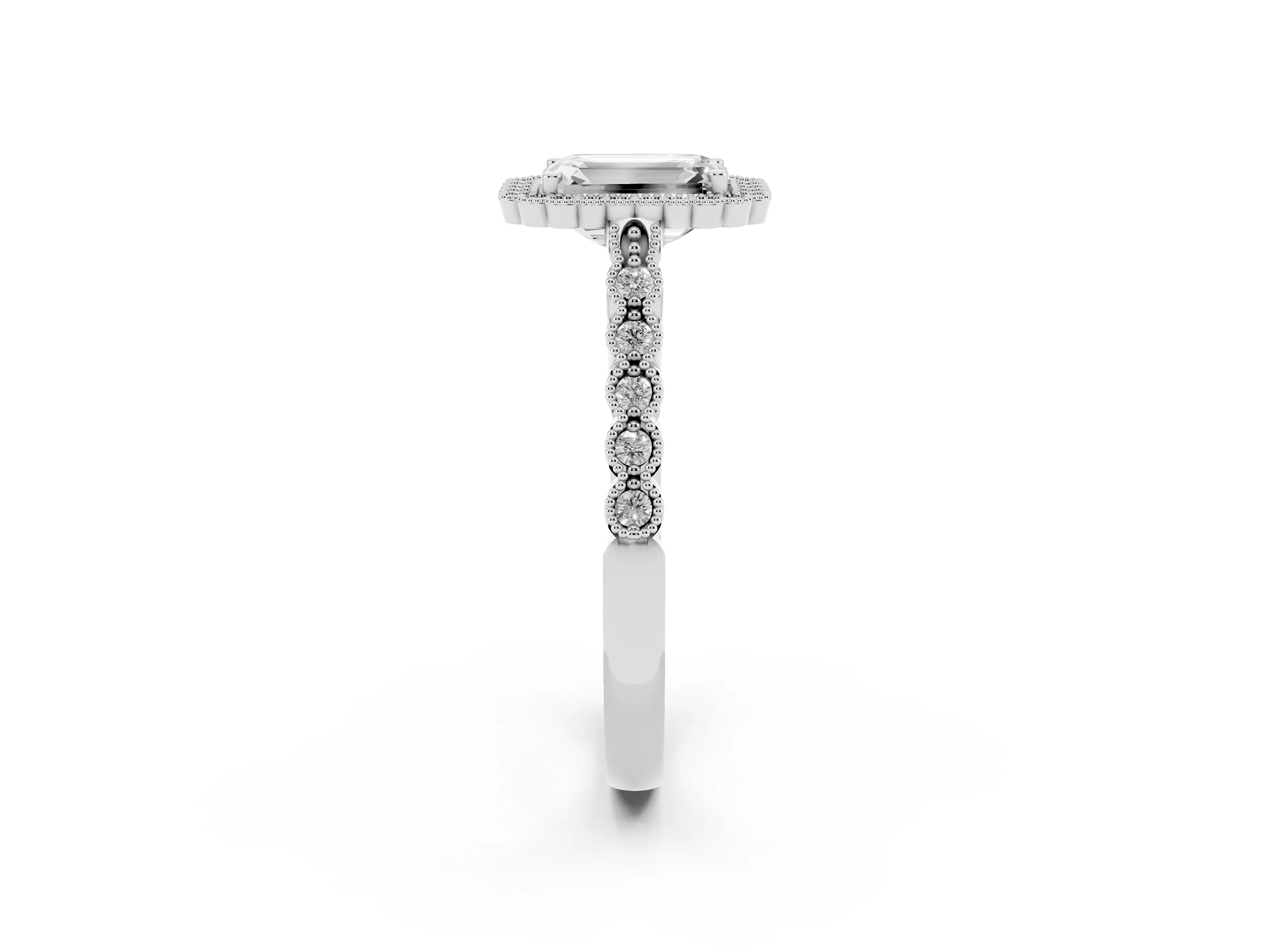 Emerald Cut Diamond Halo Ring Set in White gold with Pavé Milgrain Band