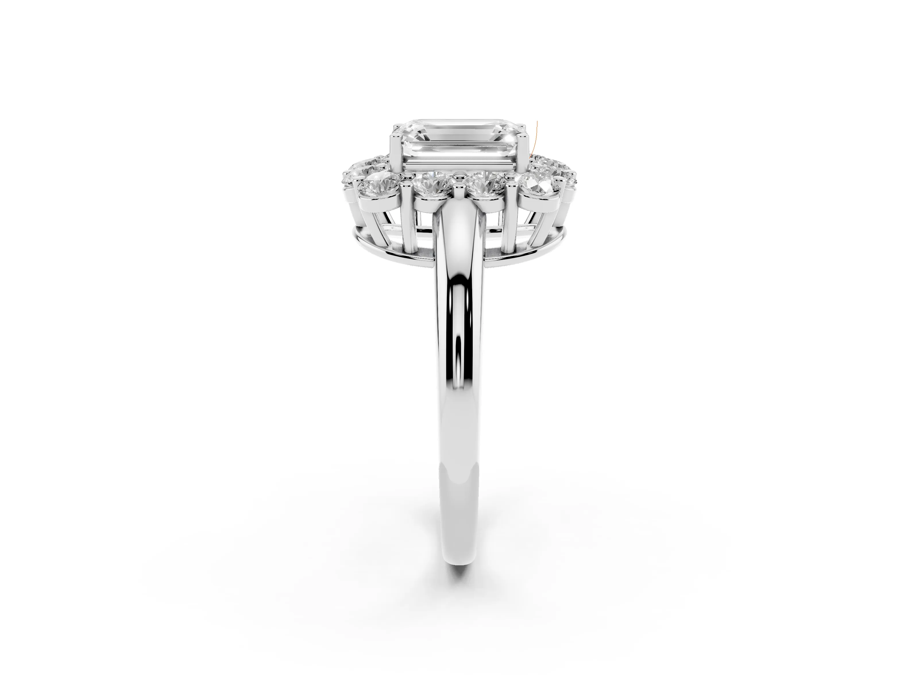 Emerald Cut Diamond Halo Cluster Engagement Ring Set in White gold with Polished Band and Prong Setting