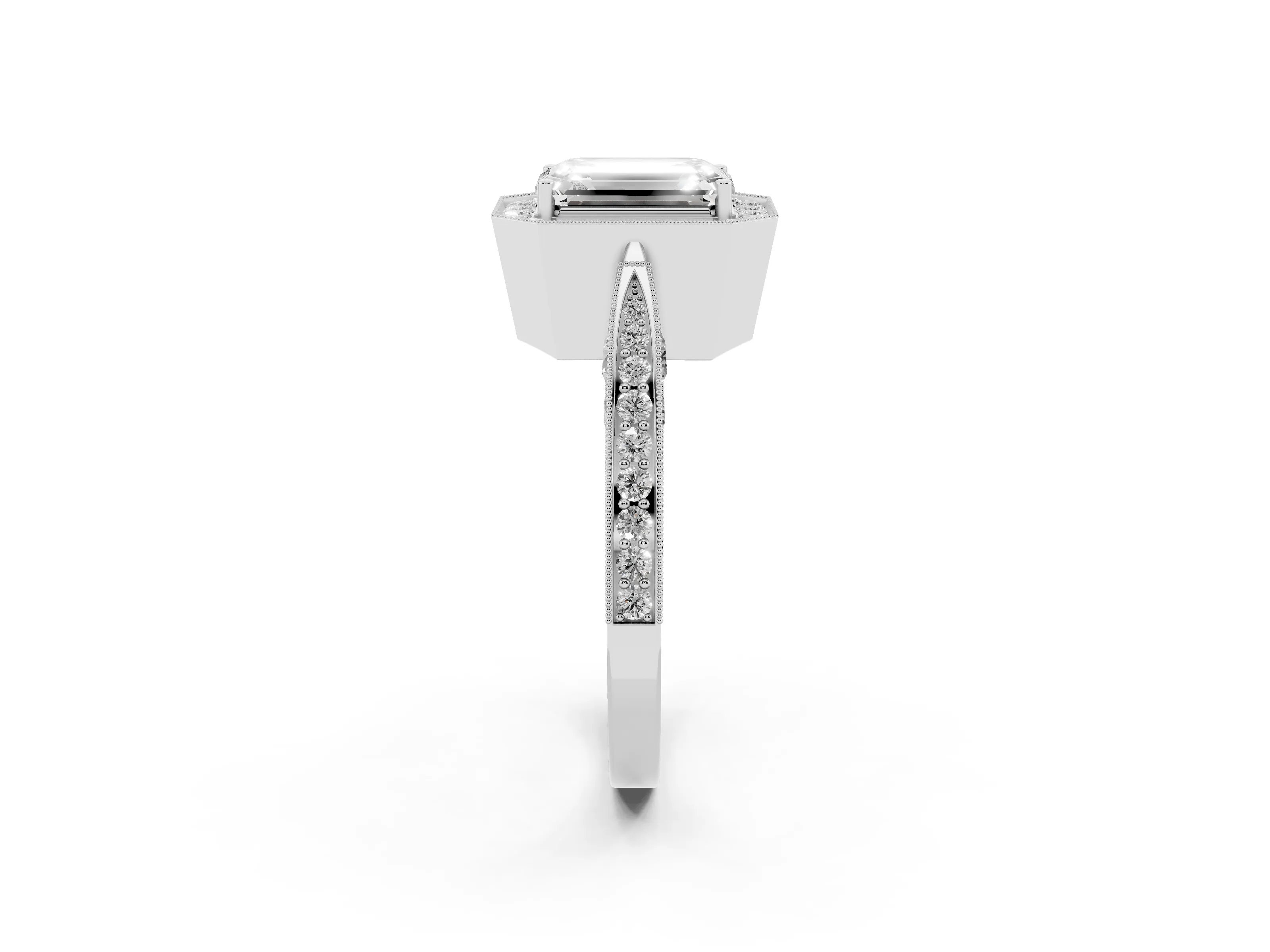 Emerald Cut Diamond Halo Engagement Ring Set in Silver with Accent Split Shank Band