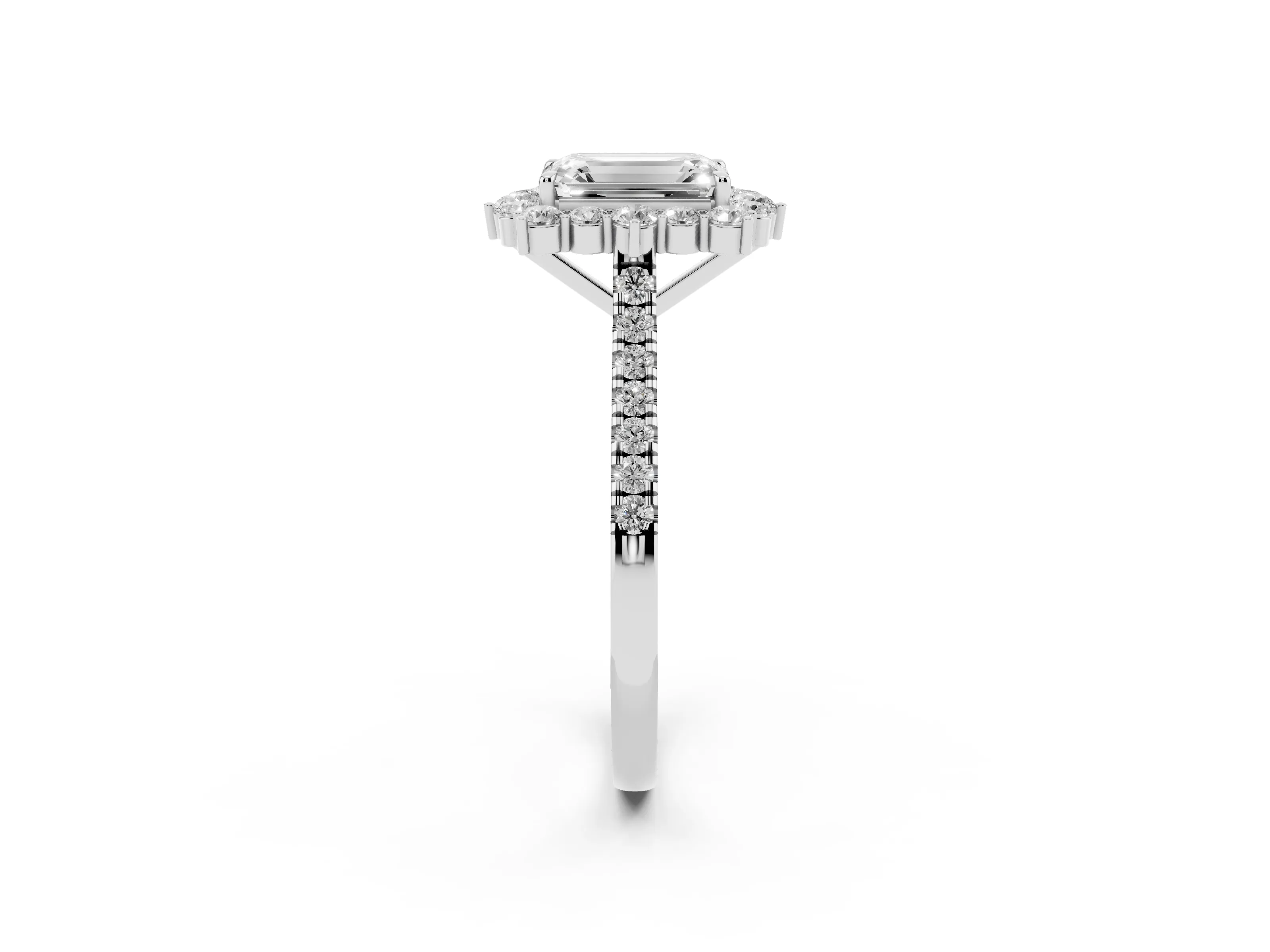 Emerald Cut Diamond Halo Ring Set in Silver with Pavé Band and Prong Setting