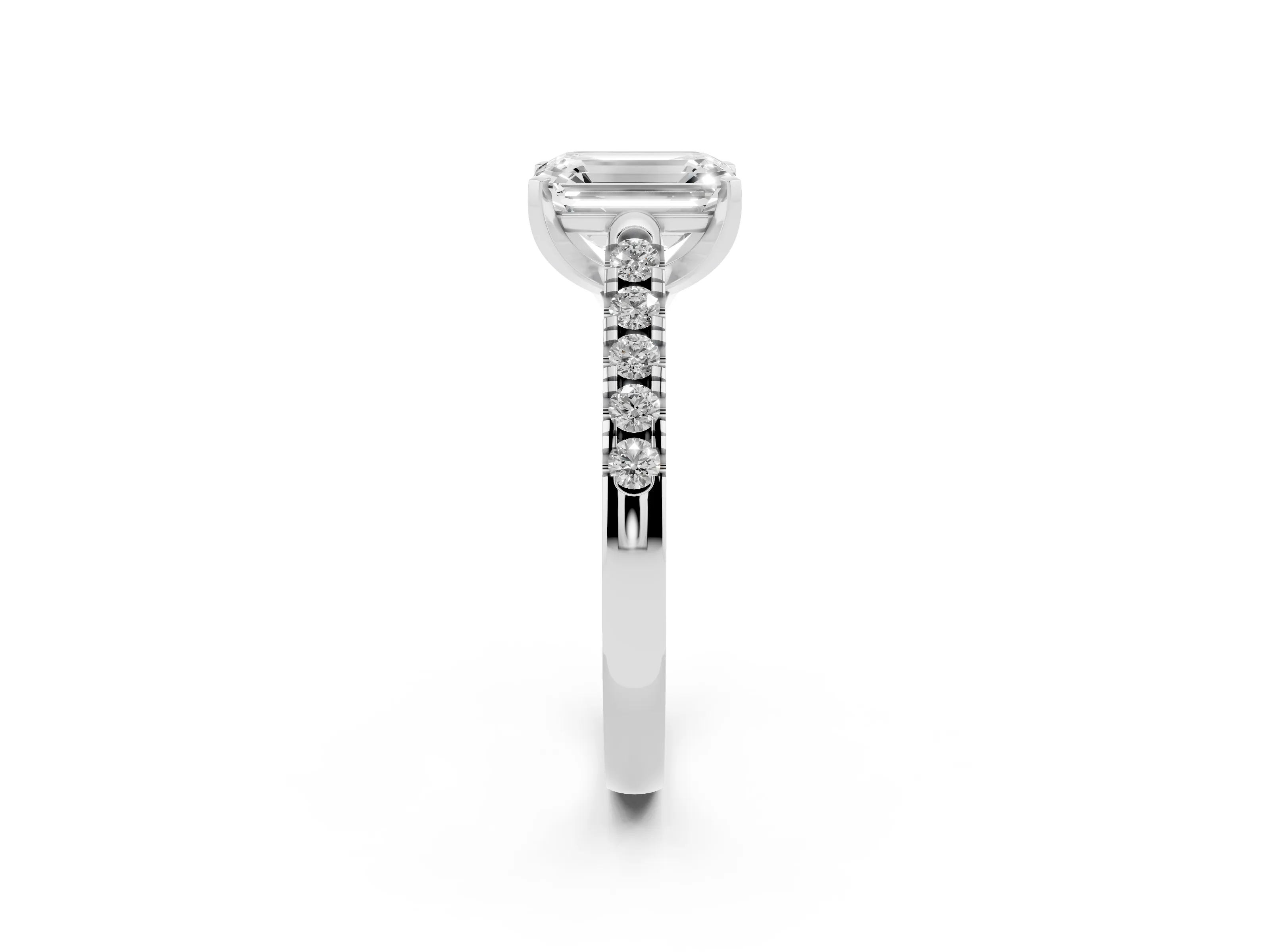 Emerald Cut Diamond Pavé Band Solitaire Ring Set in Silver with Partway Accent Stones and Prong Setting