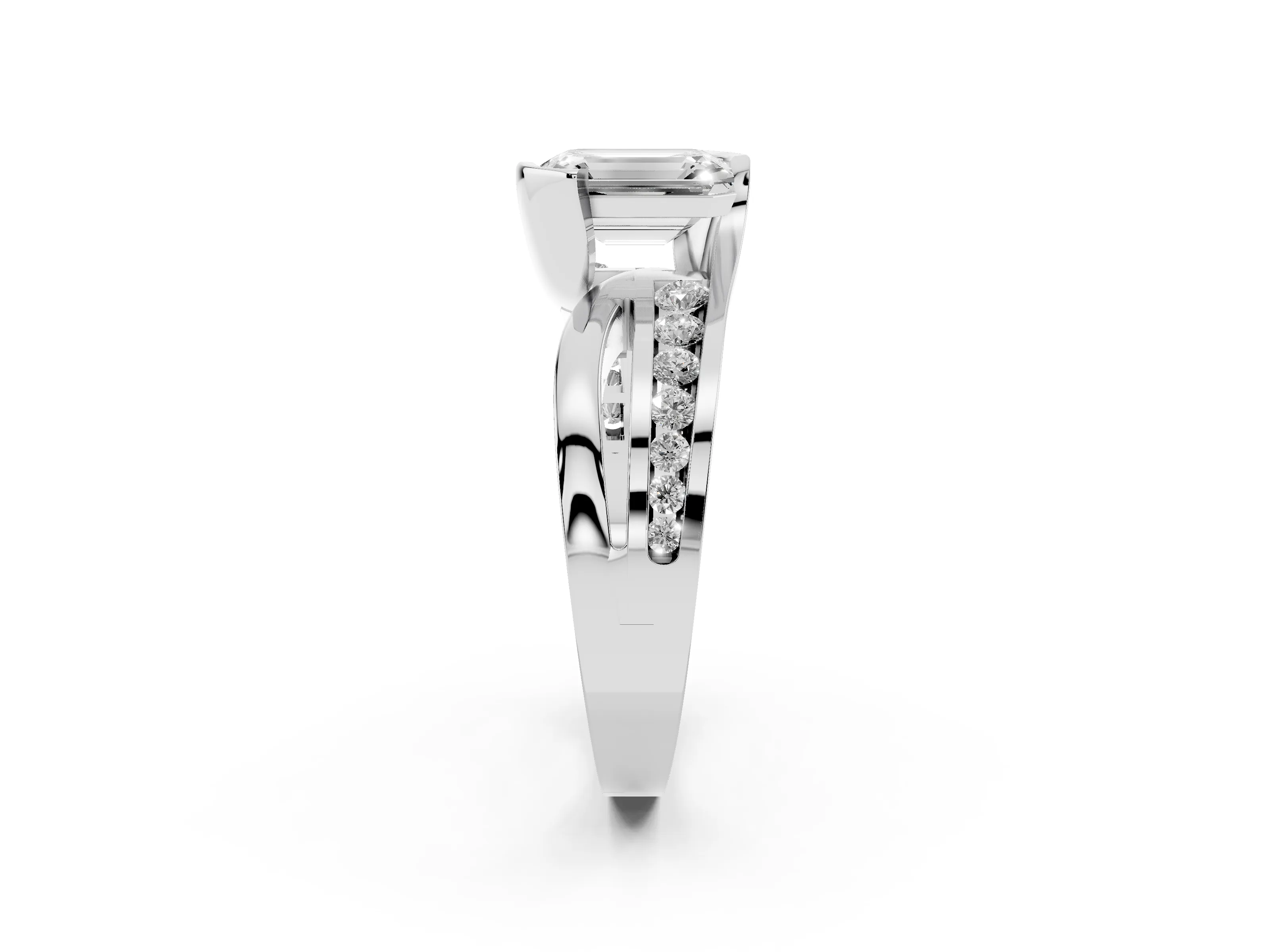 Emerald Cut Diamond Solitaire Ring Set in Silver with Channel Set Split Shank and Tension Prongs