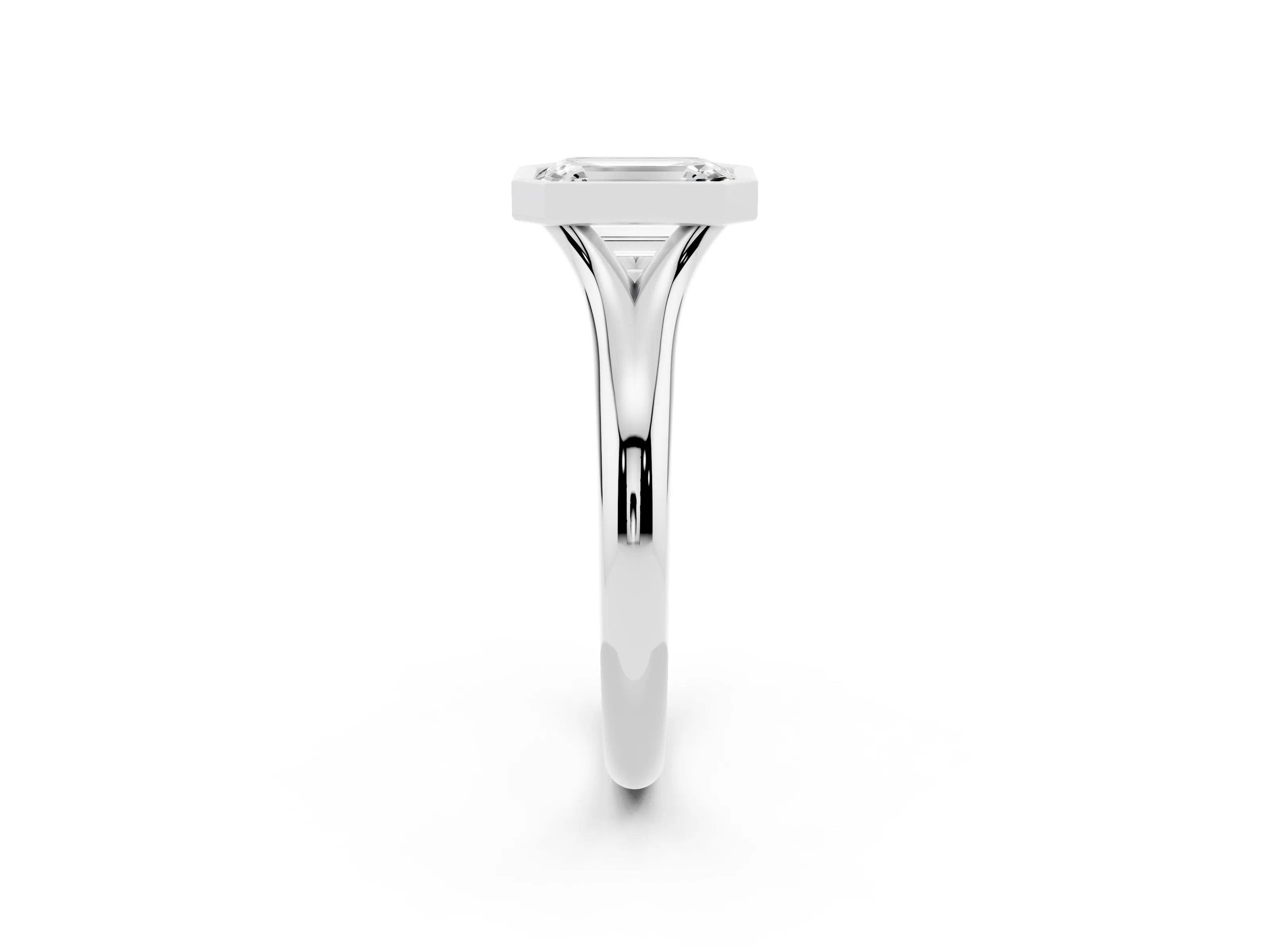 Bezel Set Emerald Cut Diamond Solitaire Ring Set in White gold with Smooth Band